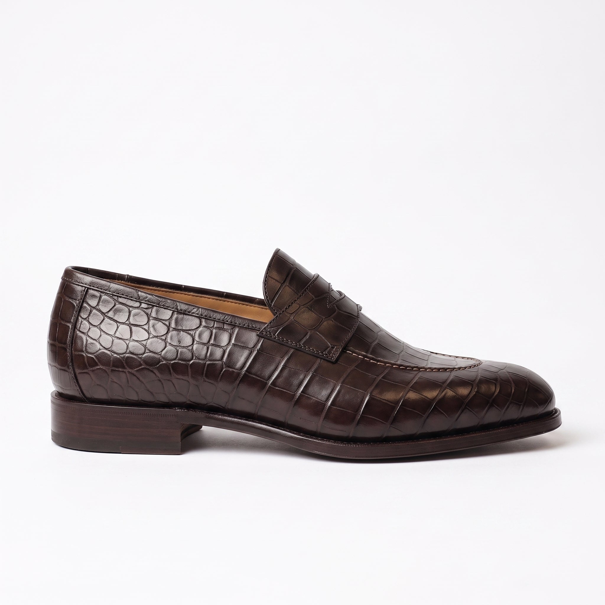 Men's Dark Brown Alligator-Embossed Leather Apron-Toe Penny Loafers — Cobham