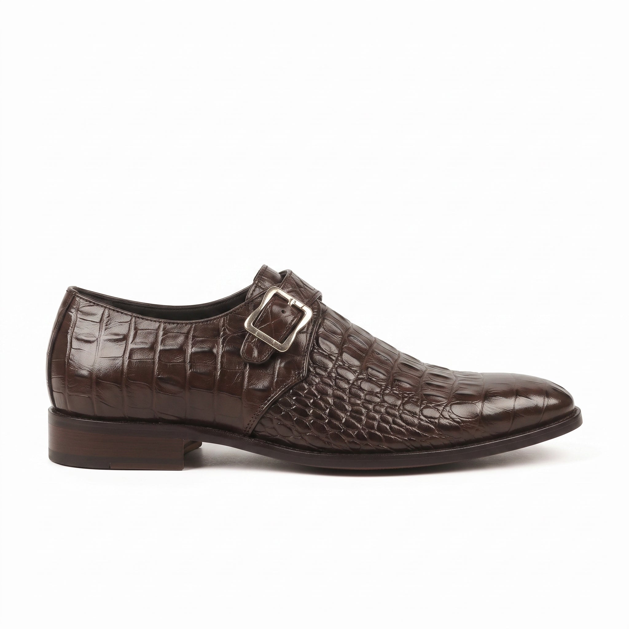 Men's Dark Brown Alligator-Embossed Leather Monk Strap Shoes — Royston — Royston