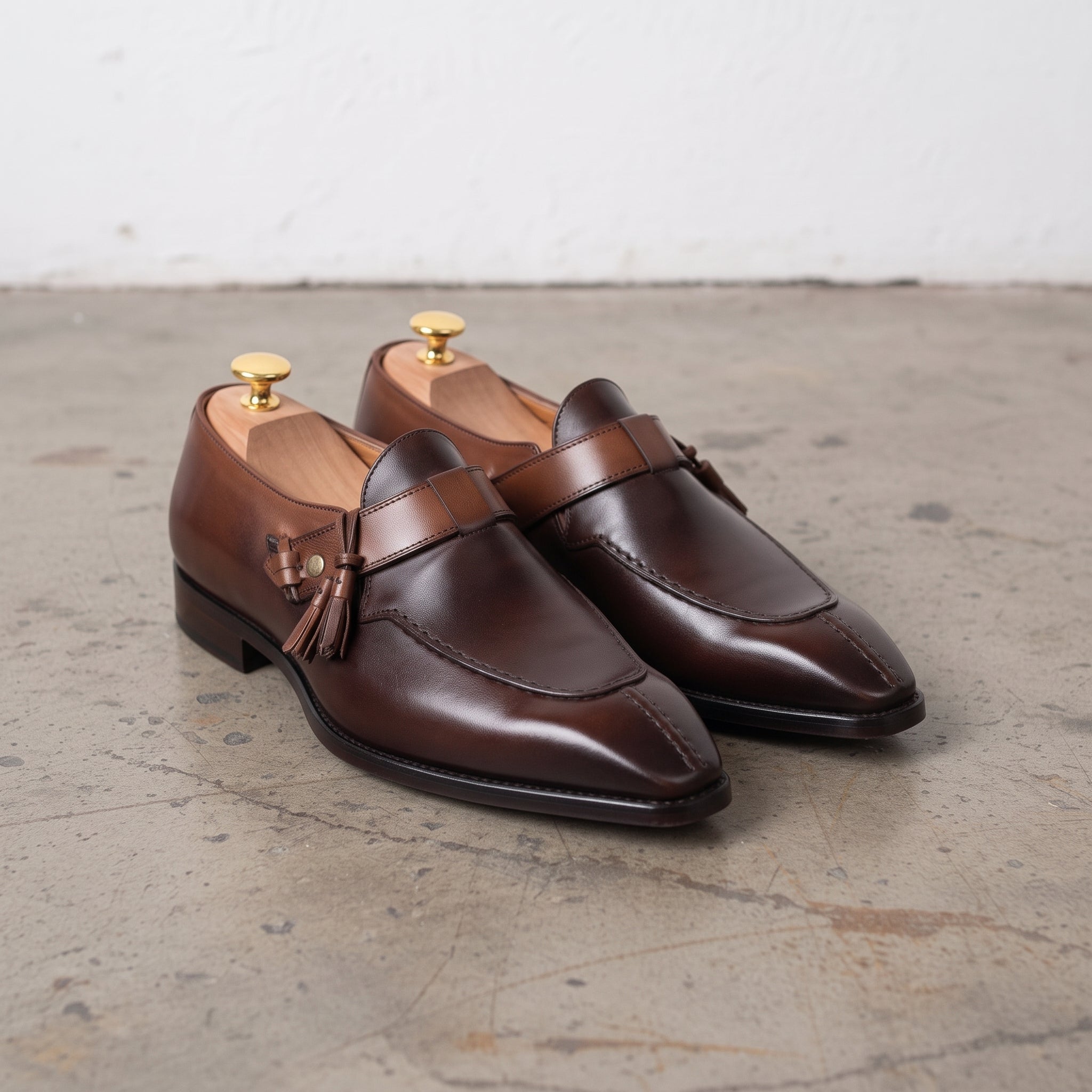 Men's Dark Brown and Brown Apron-Toe Leather Tassel Loafers — Otterton