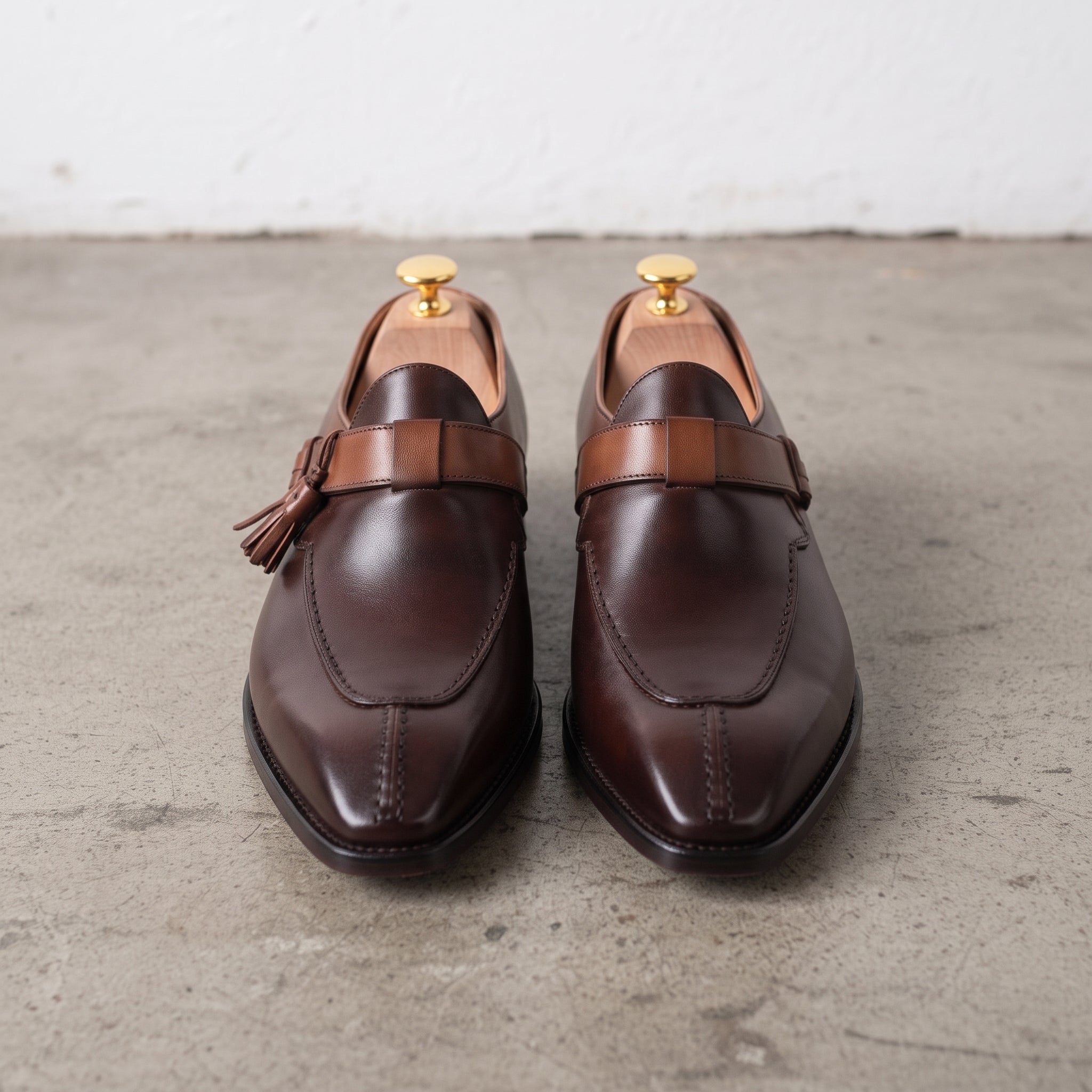 Men's Dark Brown and Brown Apron-Toe Leather Tassel Loafers — Otterton