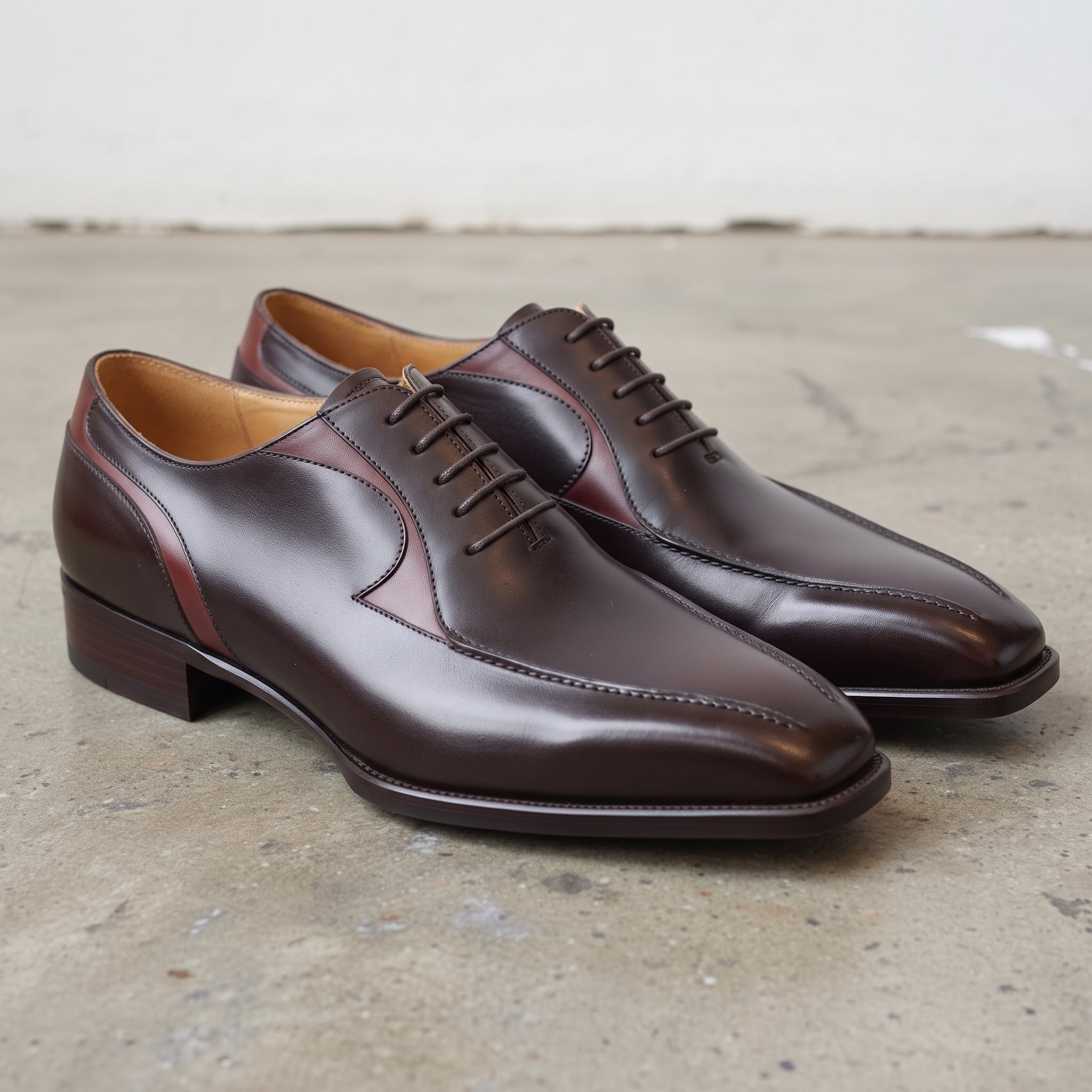 Men's Dark Brown and Burgundy Apron-Toe Leather Oxfords — Pinkerton