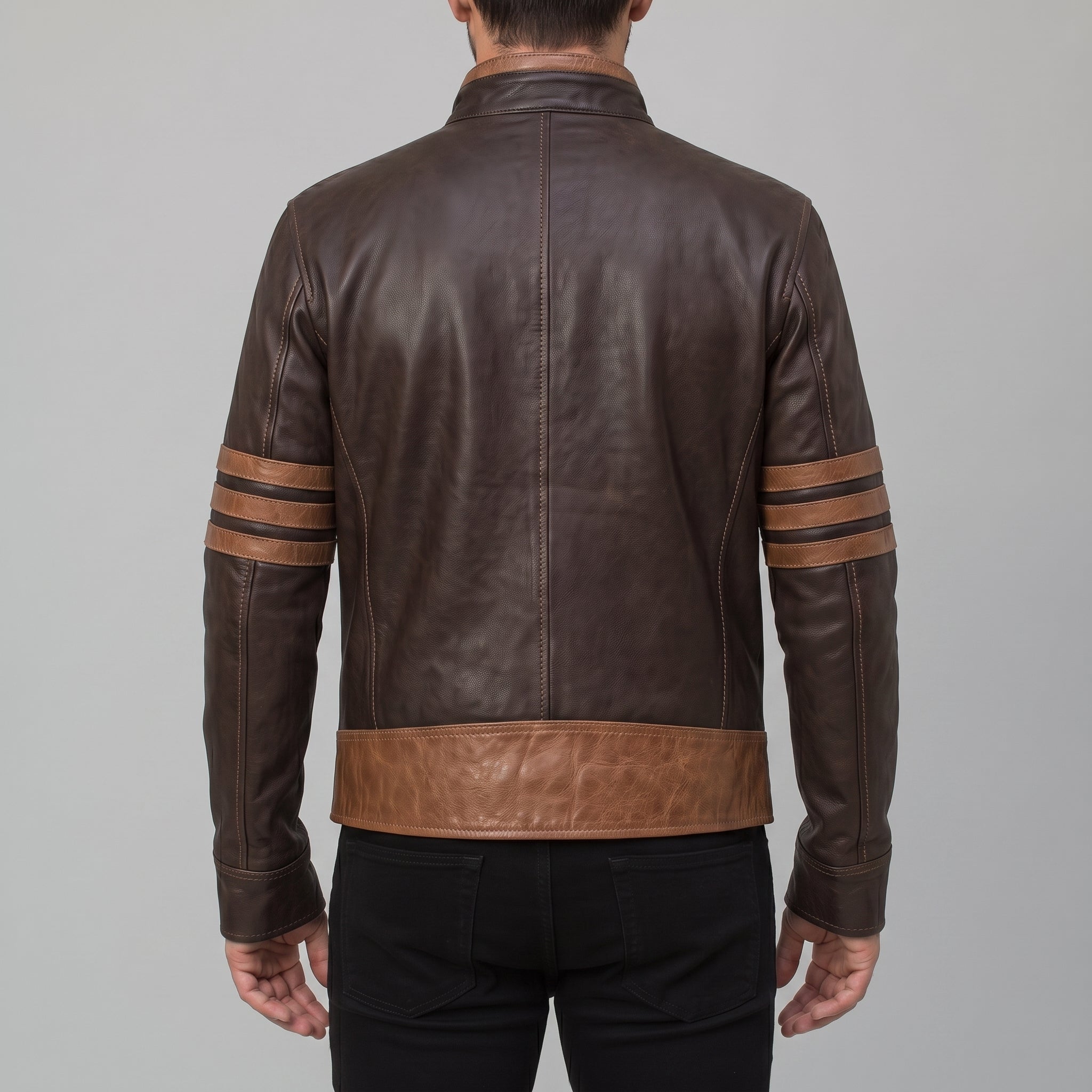 Men's Dark Brown and Light Brown Leather Biker Jacket — Caverly