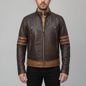Men's Dark Brown and Light Brown Leather Biker Jacket — Caverly