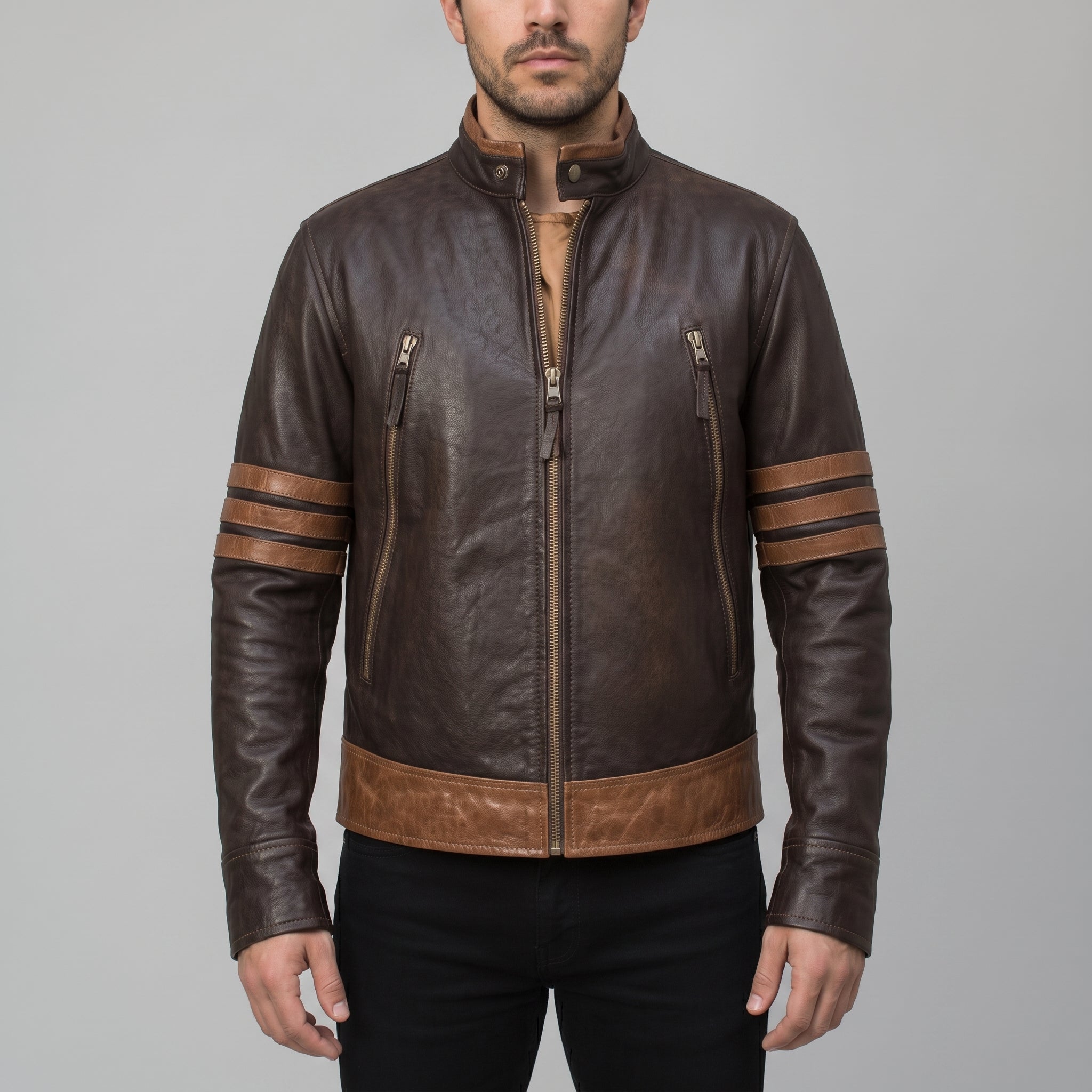 Men's Dark Brown and Light Brown Leather Biker Jacket — Caverly