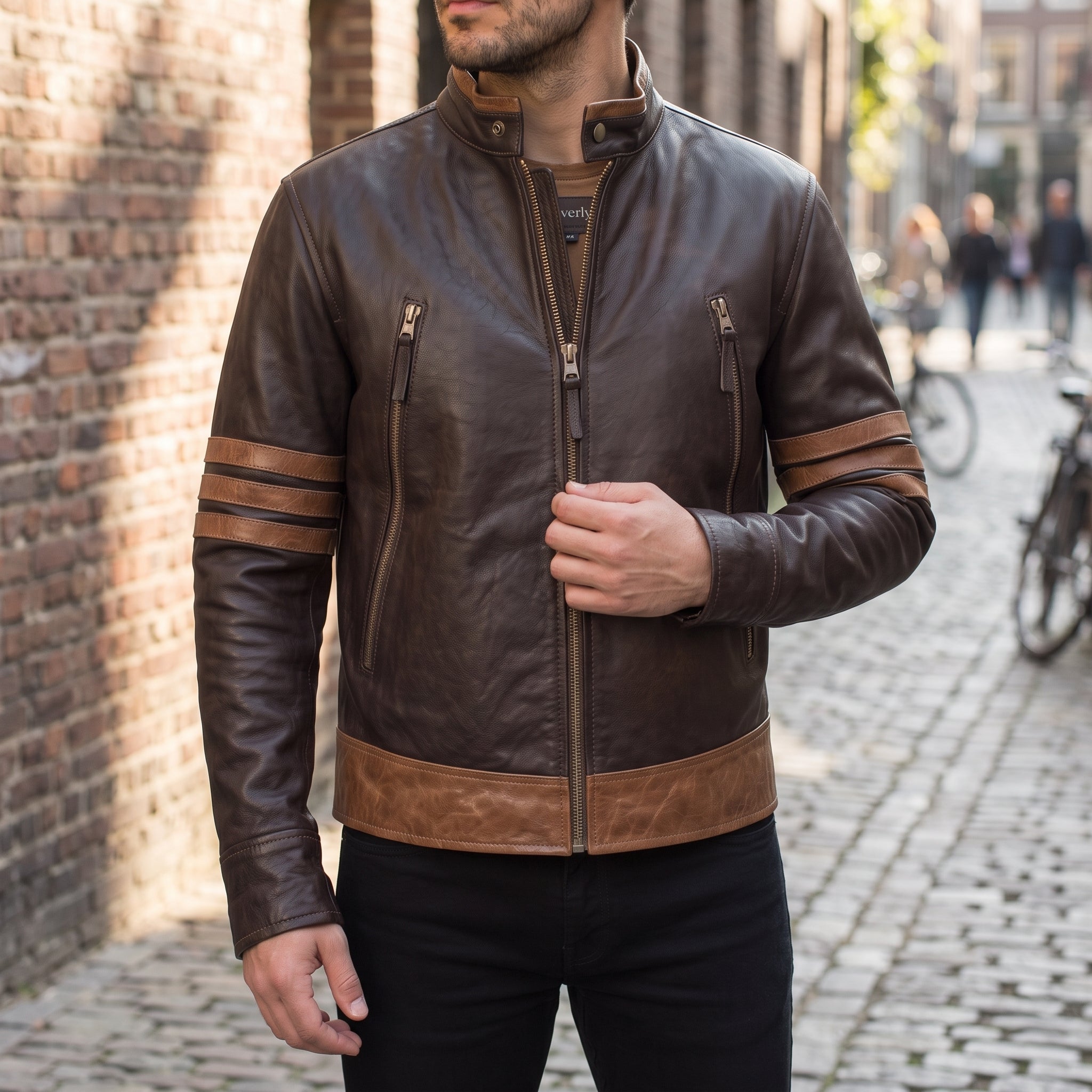 Men's Dark Brown and Light Brown Leather Biker Jacket — Caverly