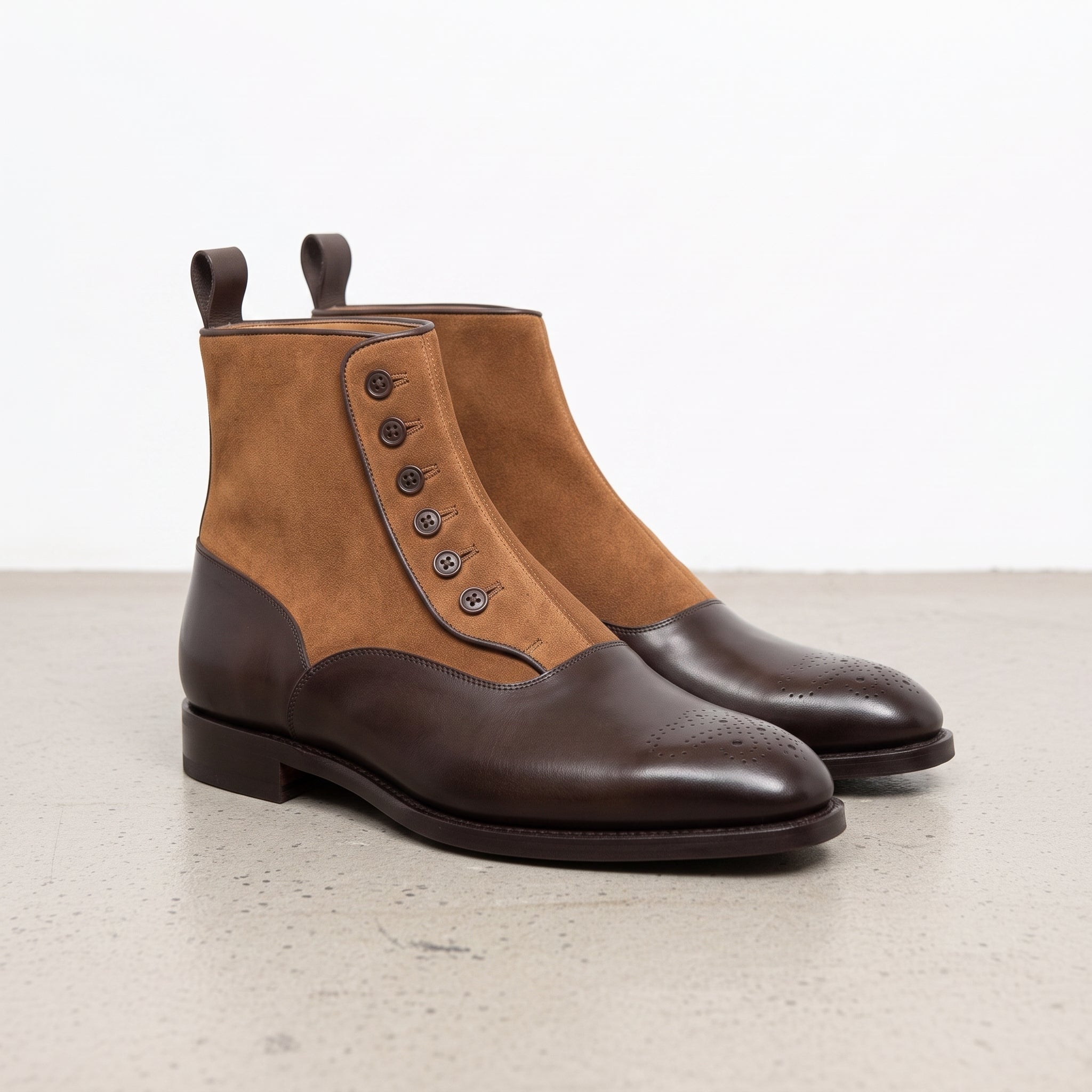Men's Dark Brown and Tan Cap-Toe Leather Button Boots — Ashwood