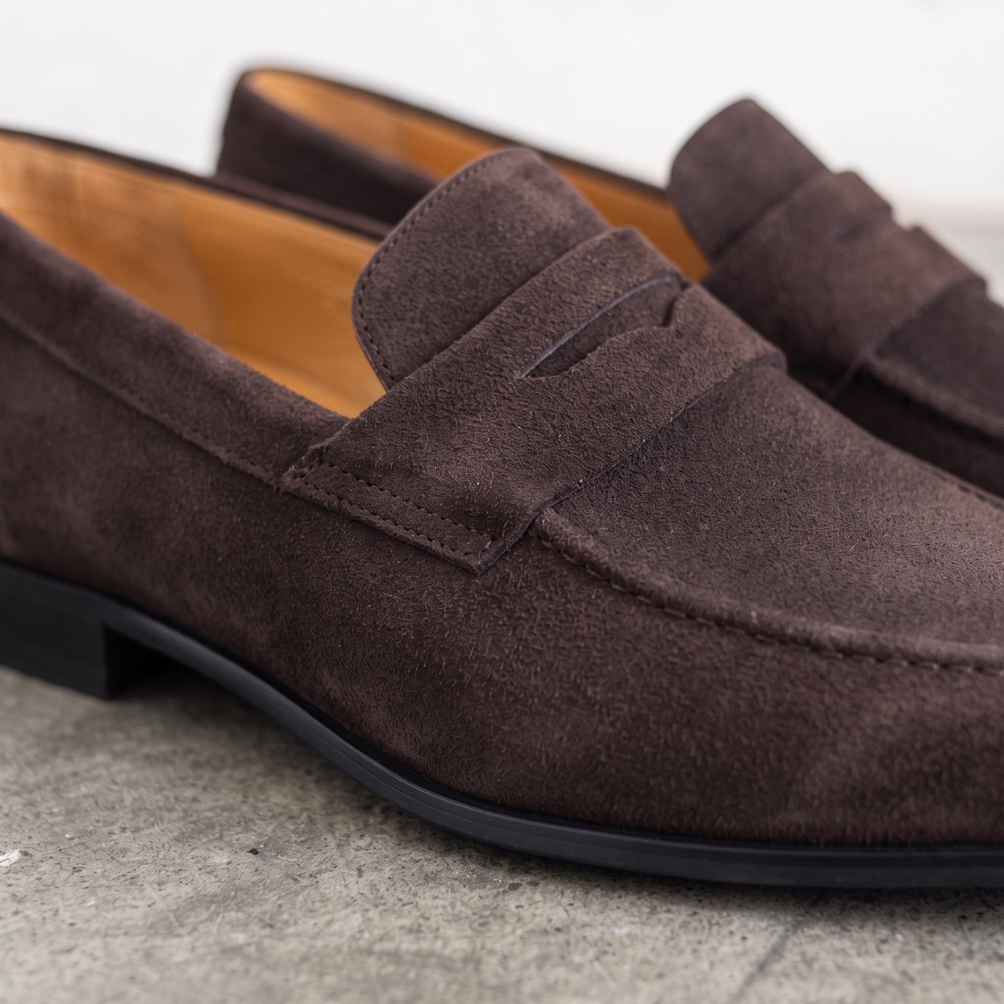 Men's Dark Brown Plain-Toe Suede Penny Loafers — Dedham