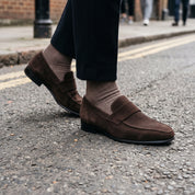 Men's Dark Brown Plain-Toe Suede Penny Loafers — Dedham