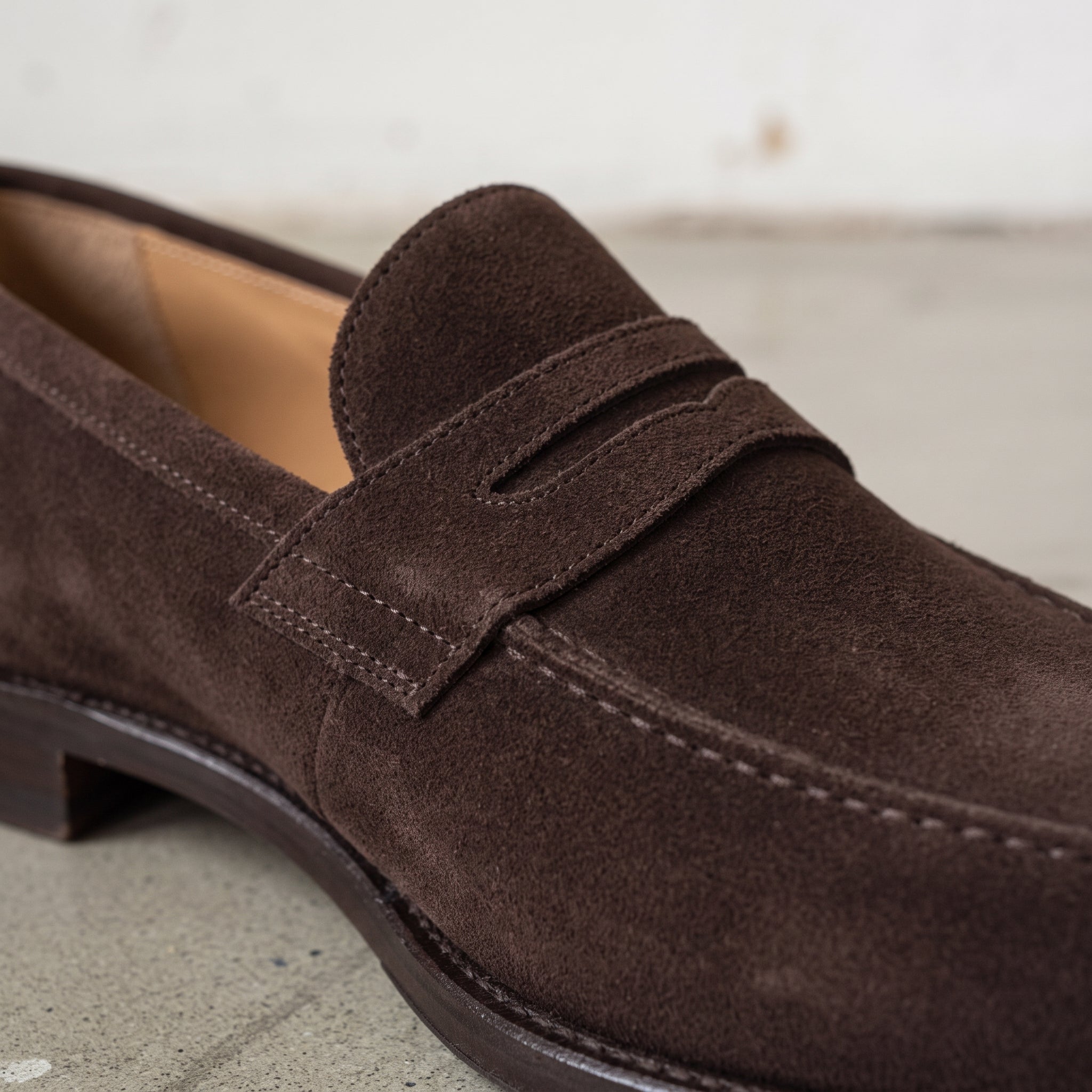Men's Dark Brown Apron-Toe Suede Penny Loafers — Kington