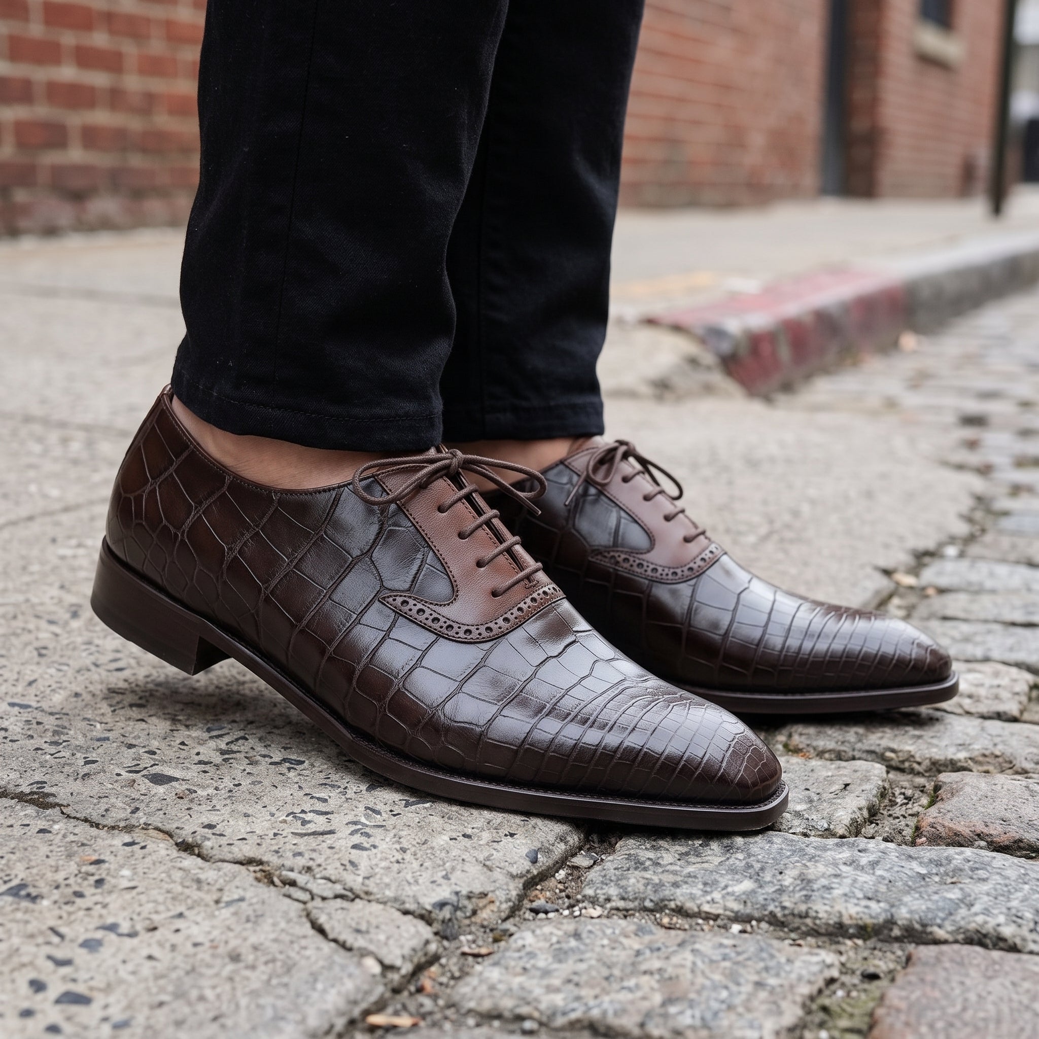 Men's Dark Brown Crocodile-Embossed Leather Oxfords — Ryde