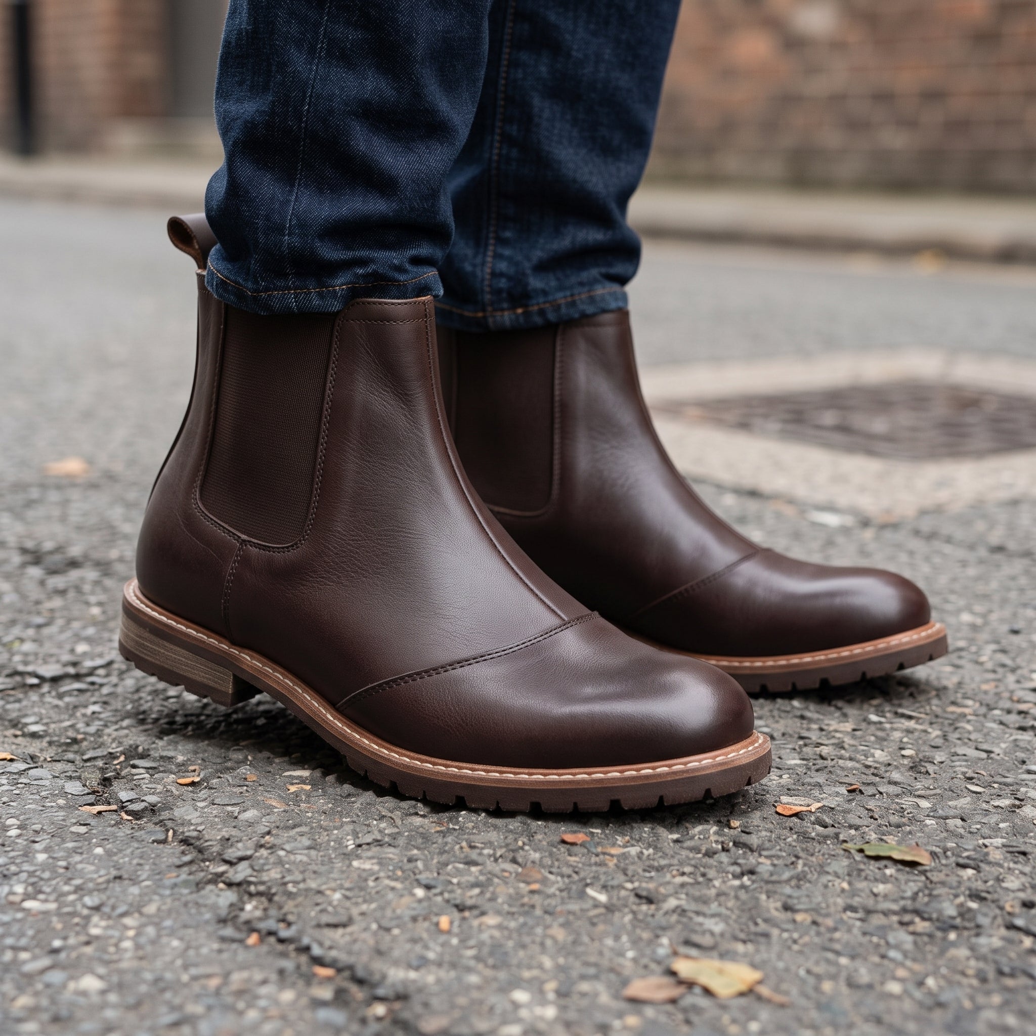 Men's Dark Brown Cap-Toe Brogue Leather Chelsea Boots — Greenham