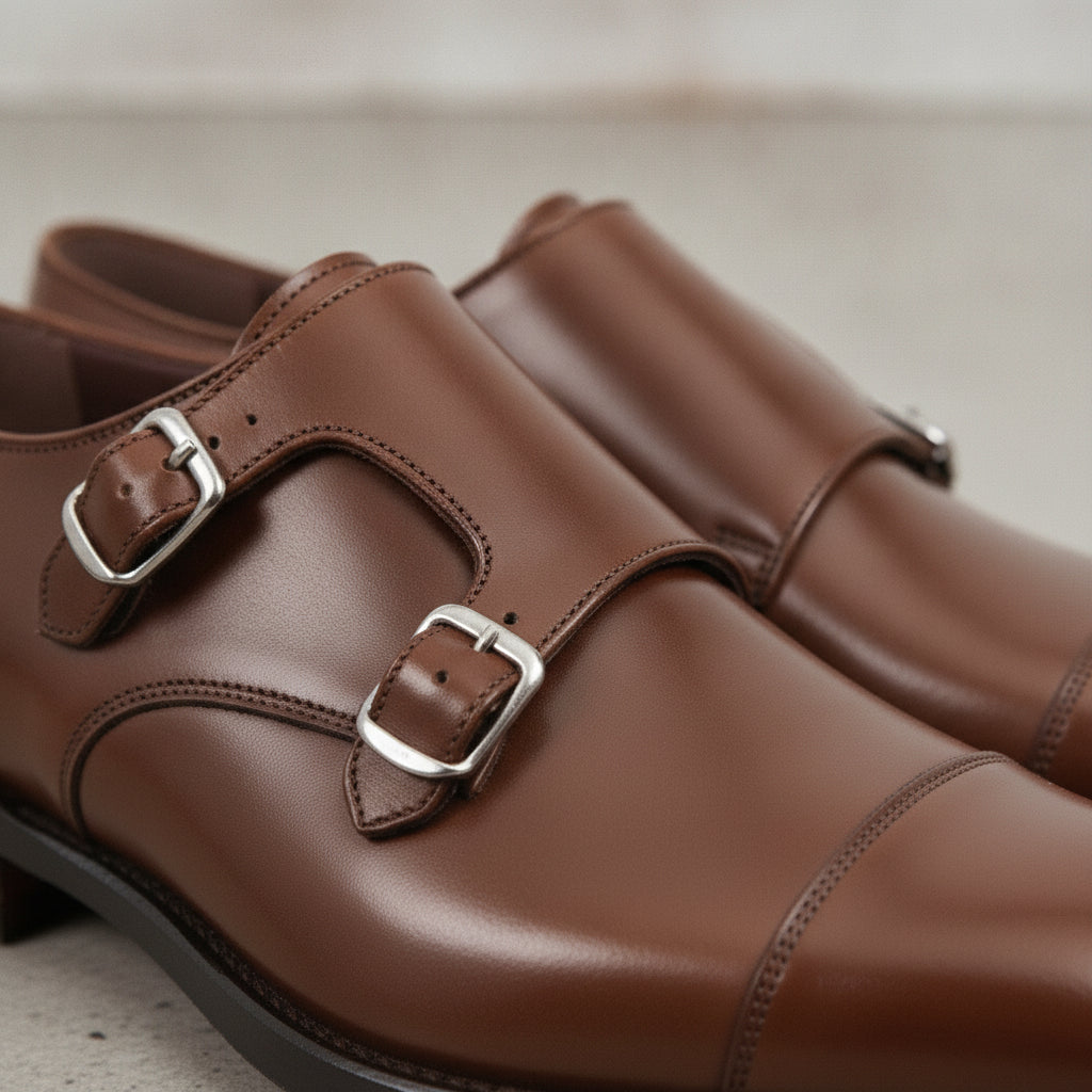 Men's Dark Brown Cap-Toe Leather Double Monk Strap Shoes — Albemarle