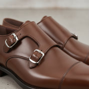 Men's Dark Brown Cap-Toe Leather Double Monk Strap Shoes — Albemarle