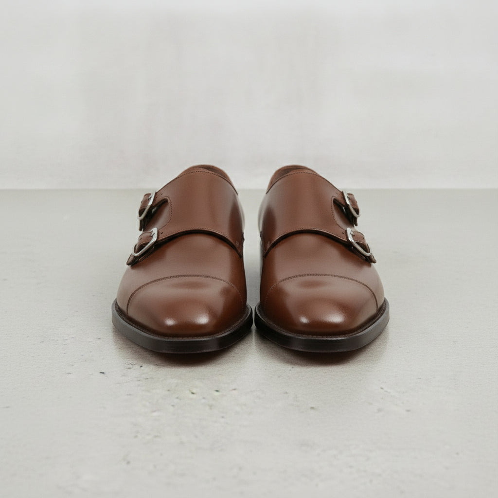 Men's Dark Brown Cap-Toe Leather Double Monk Strap Shoes — Albemarle