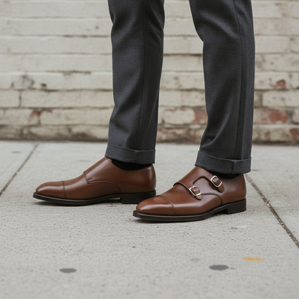 Men's Dark Brown Cap-Toe Leather Double Monk Strap Shoes — Albemarle