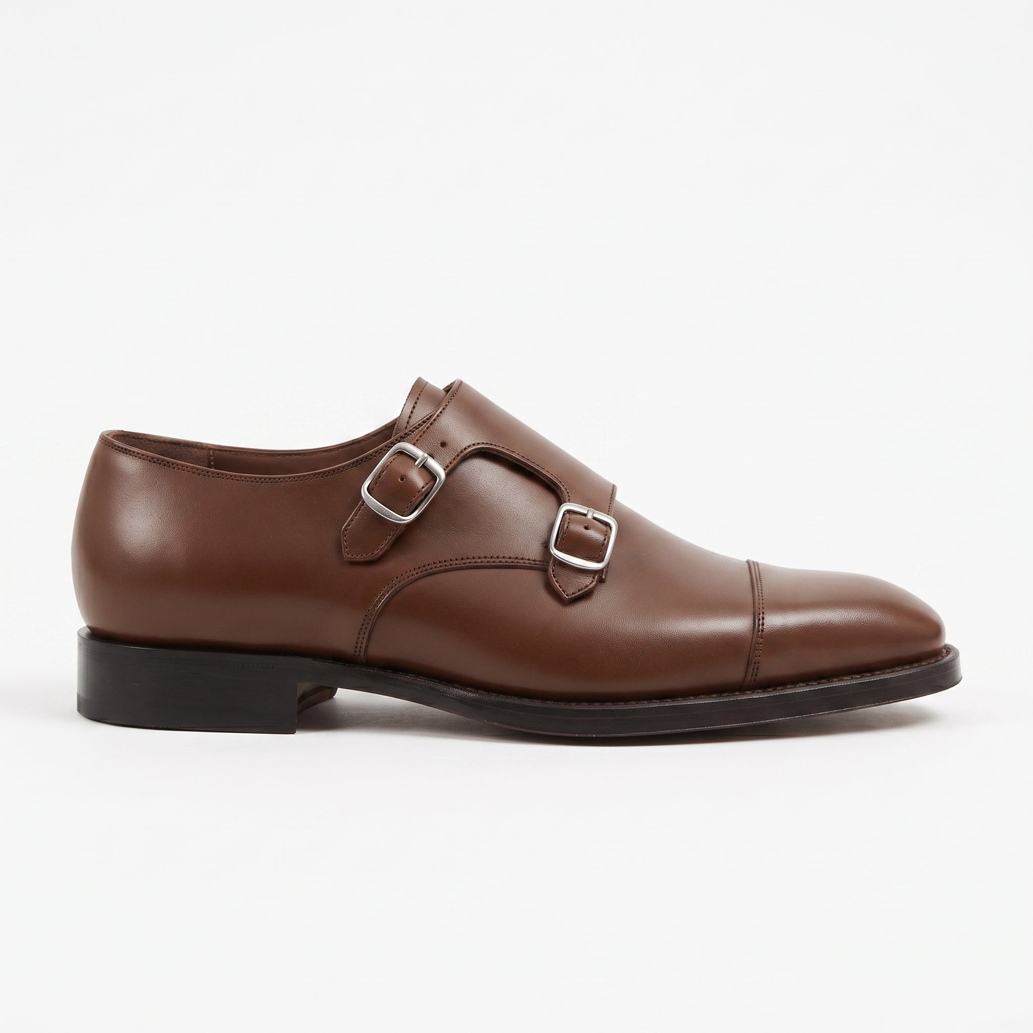 Men's Dark Brown Cap-Toe Leather Double Monk Strap Shoes — Albemarle