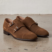 Men's Dark Brown Cap-Toe Suede Double Monk Strap Shoes — Worthington