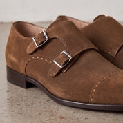 Men's Dark Brown Cap-Toe Suede Double Monk Strap Shoes — Worthington