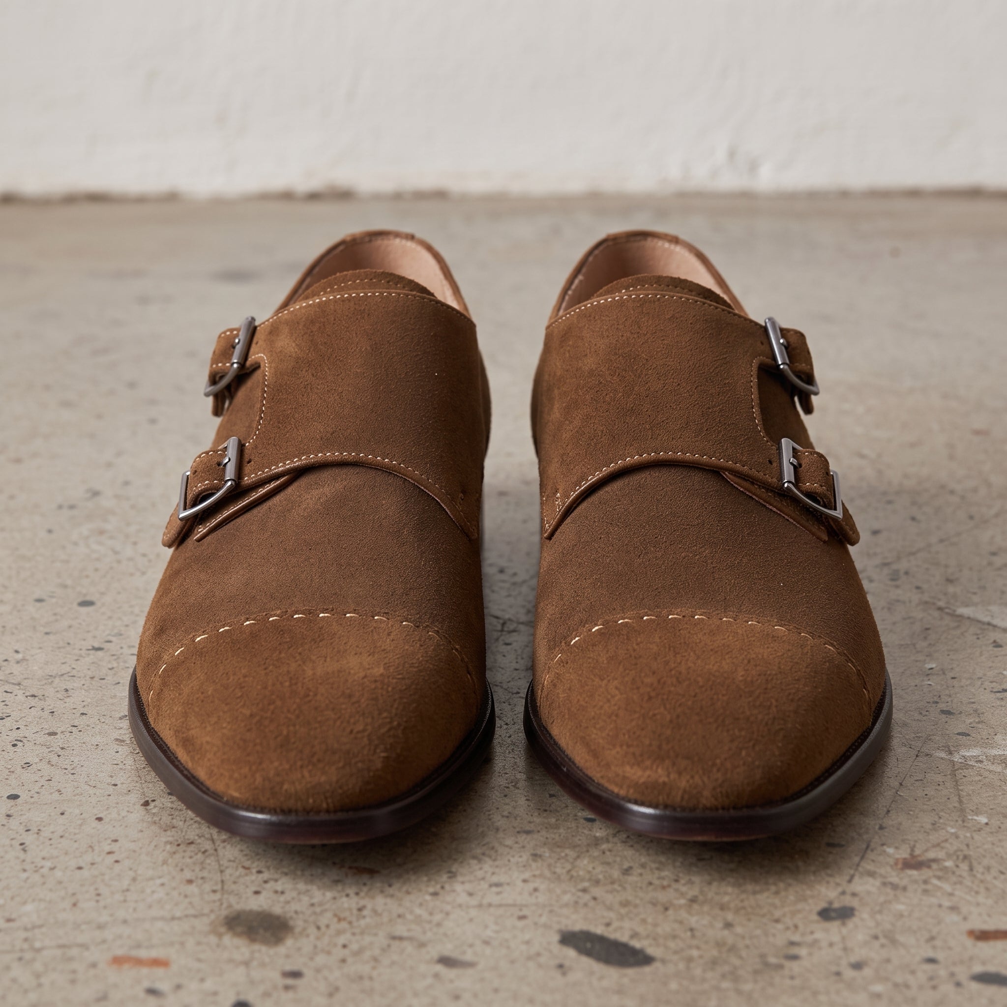 Men's Dark Brown Cap-Toe Suede Double Monk Strap Shoes — Worthington