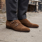 Men's Dark Brown Cap-Toe Suede Double Monk Strap Shoes — Worthington