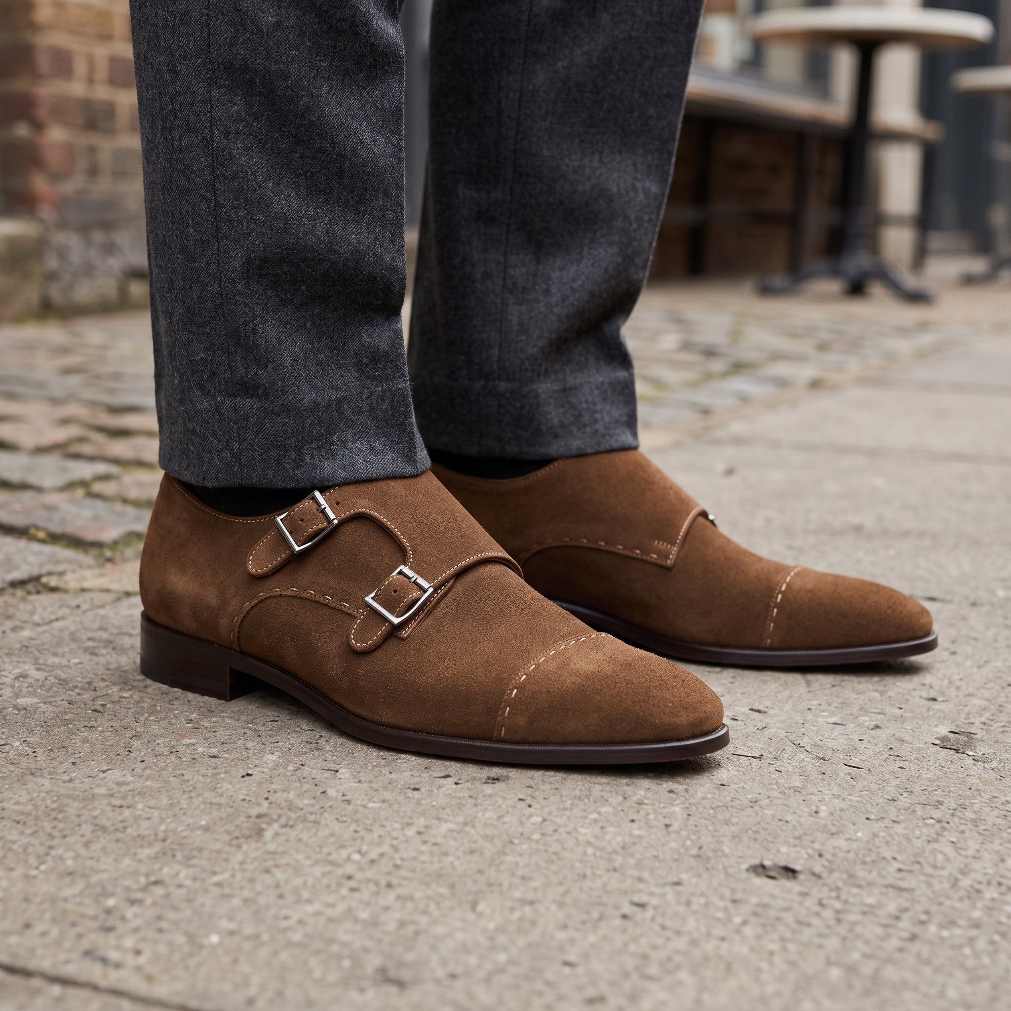 Men's Dark Brown Cap-Toe Suede Double Monk Strap Shoes — Worthington