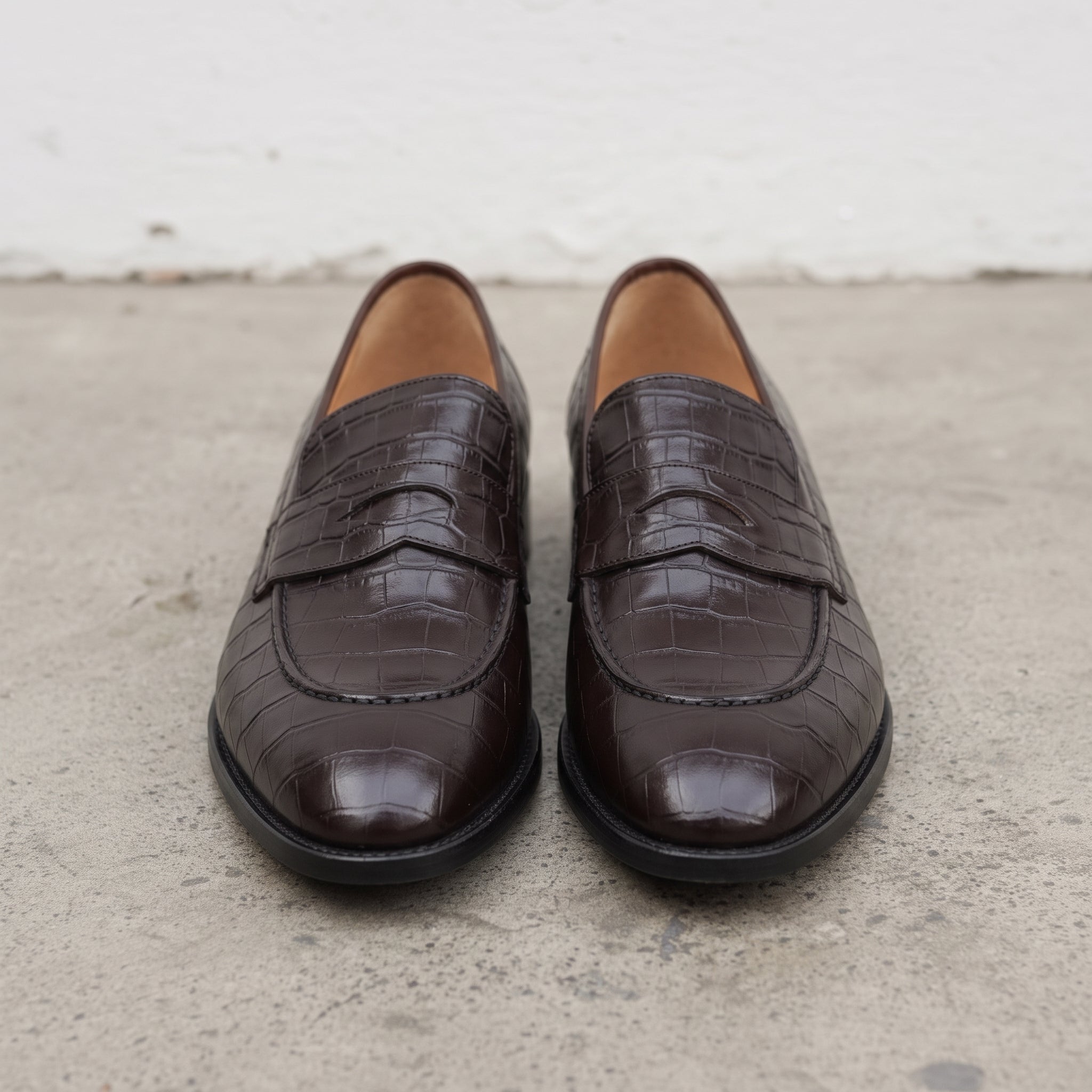 Men's Dark Brown Crocodile-Embossed Leather Penny Loafers — Duffy