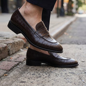 Men's Dark Brown Crocodile-Embossed Leather Penny Loafers — Duffy