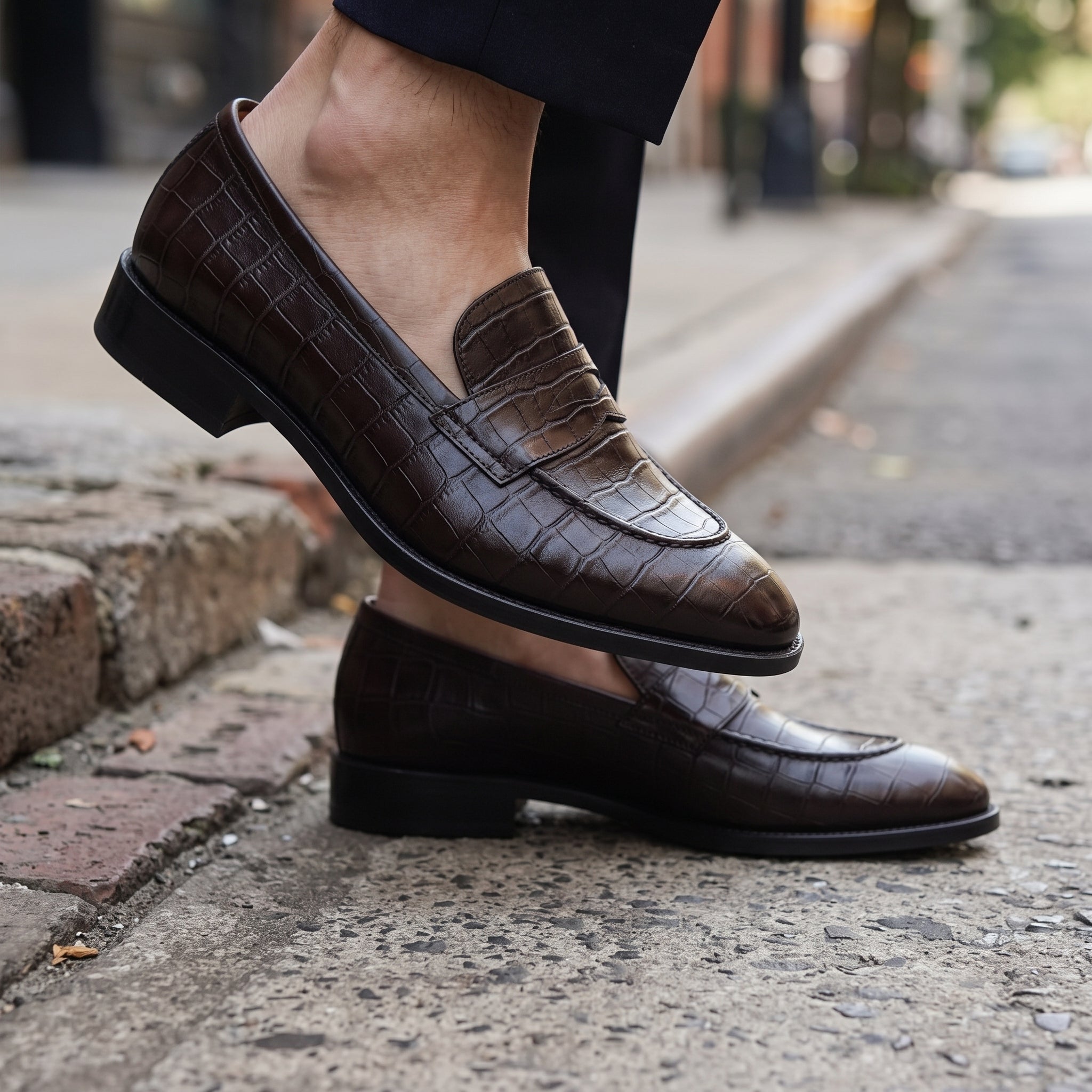 Men's Dark Brown Crocodile-Embossed Leather Penny Loafers — Duffy