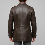 Men's Dark Brown Double-Breasted Leather Pea Coat Jacket — Henley