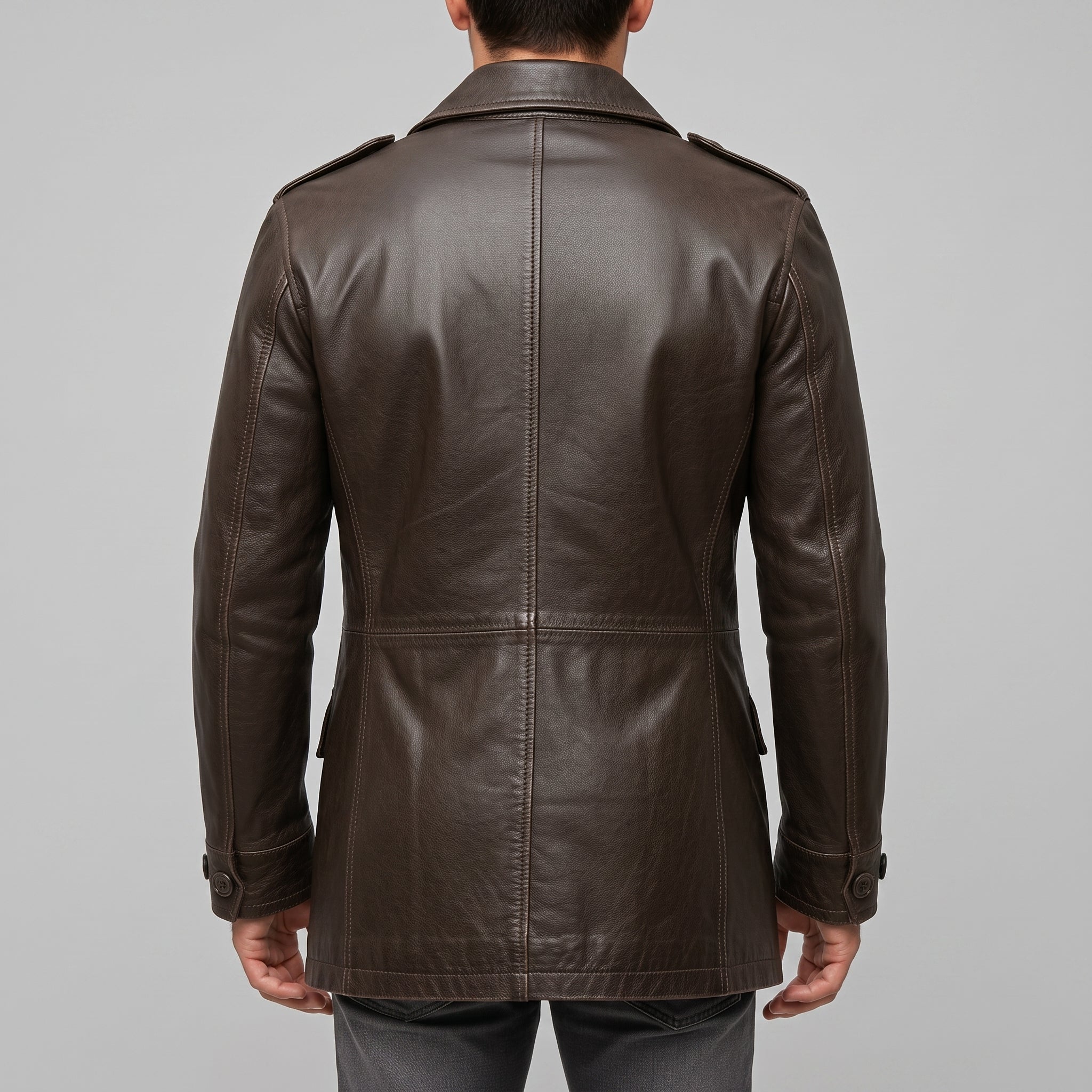 Men's Dark Brown Double-Breasted Leather Pea Coat Jacket — Henley