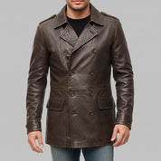 Men's Dark Brown Double-Breasted Leather Pea Coat Jacket — Henley