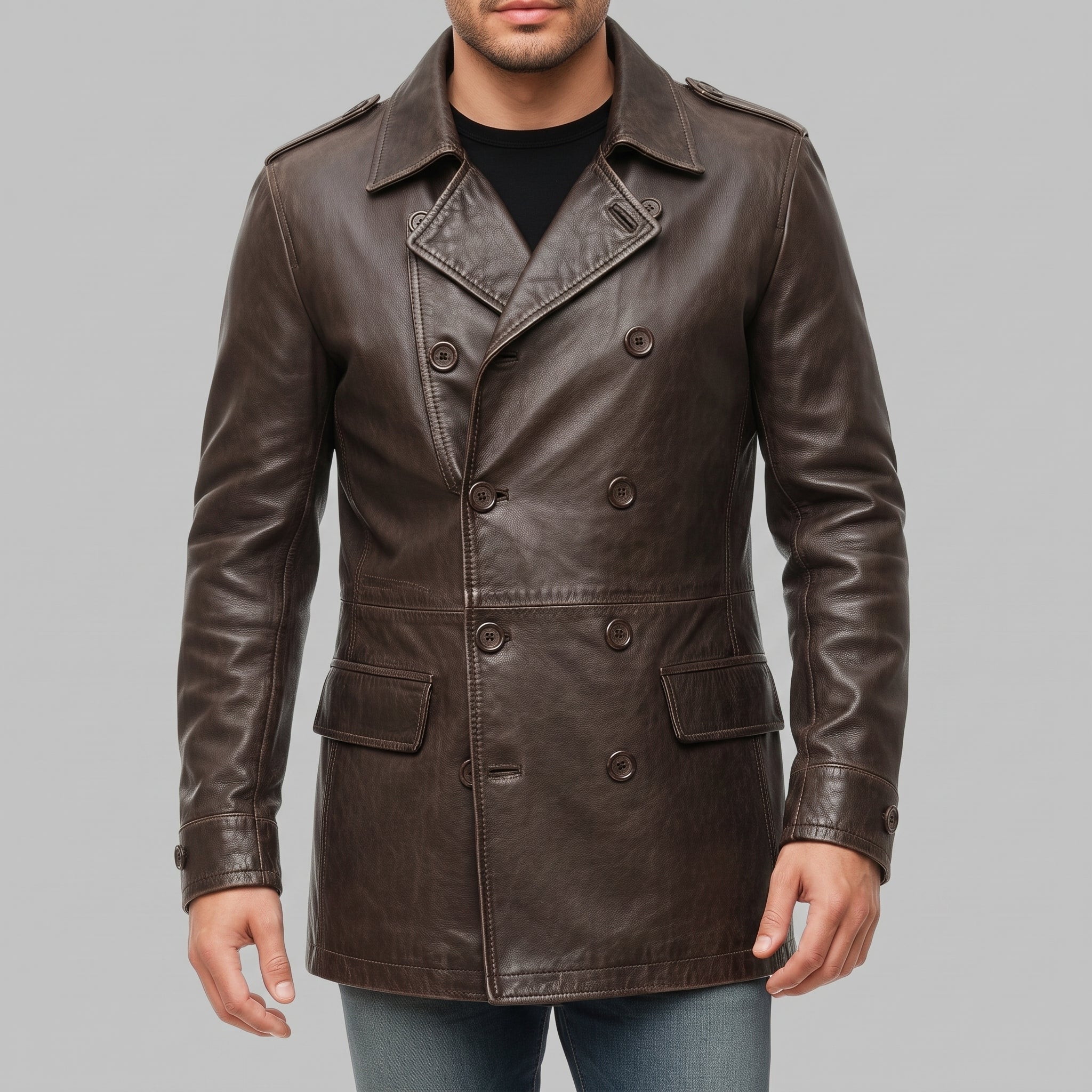 Men's Dark Brown Double-Breasted Leather Pea Coat Jacket — Henley