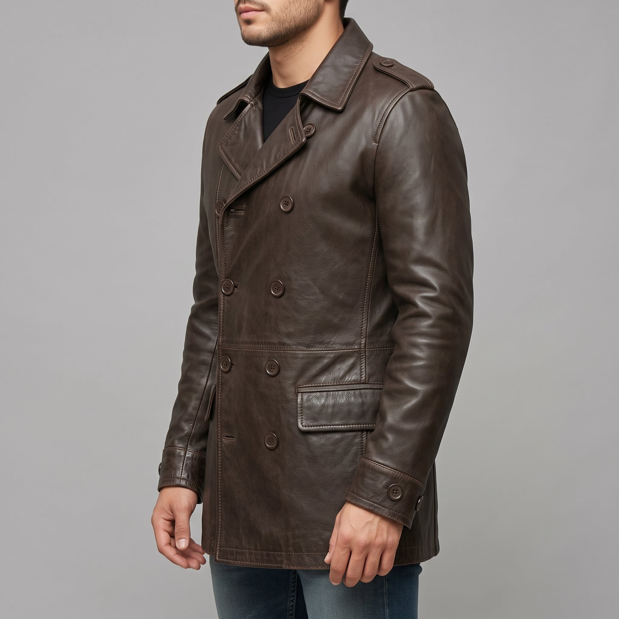Men's Dark Brown Double-Breasted Leather Pea Coat Jacket — Henley