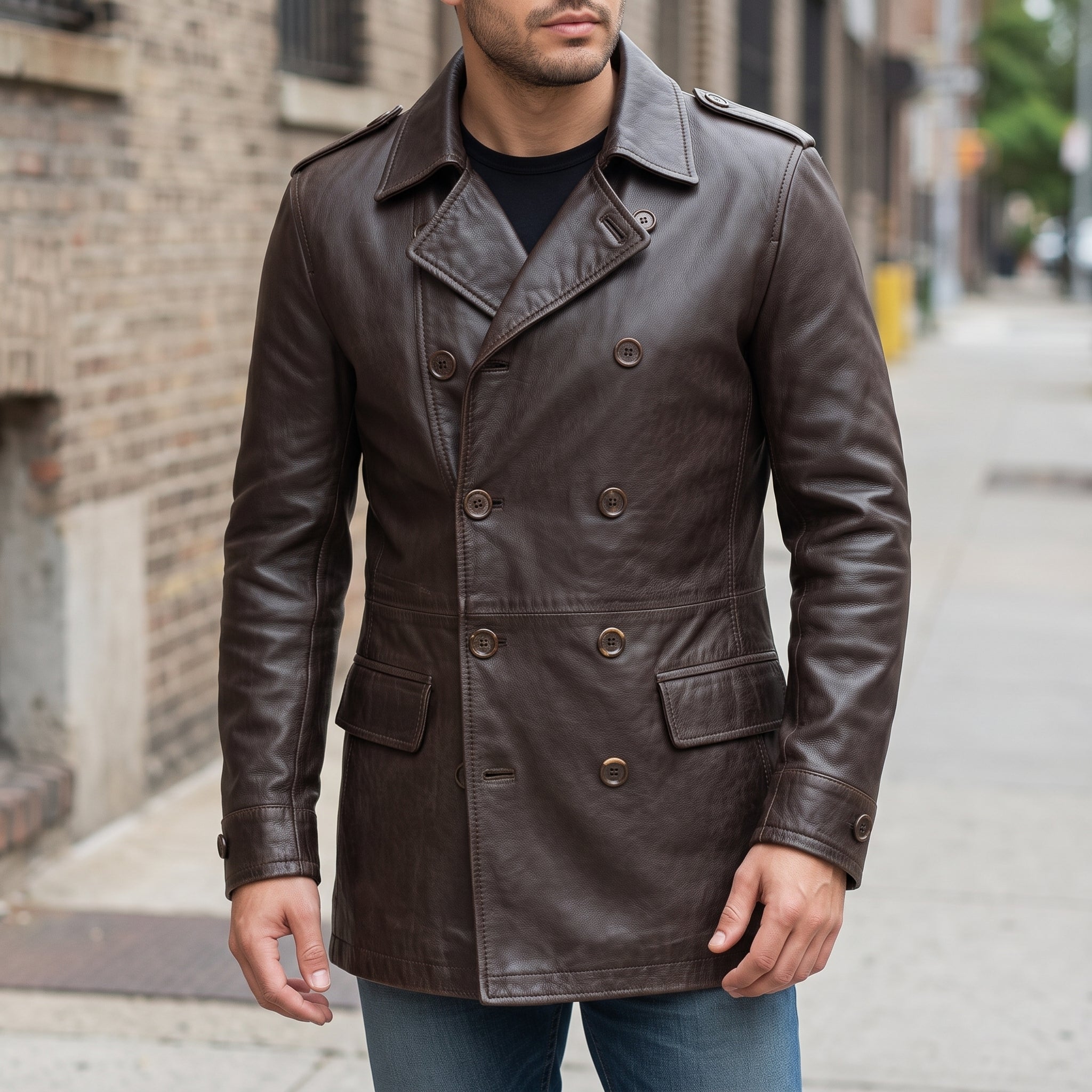 Men's Dark Brown Double-Breasted Leather Pea Coat Jacket — Henley