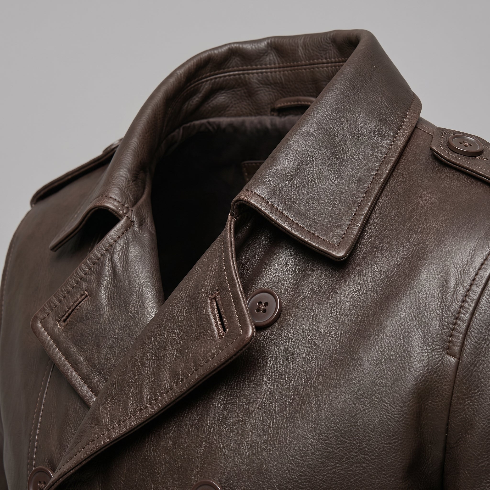 Men's Dark Brown Double-Breasted Leather Pea Coat Jacket — Henley