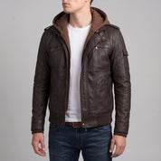 Men's Dark Brown Hooded Leather Bomber Jacket — Tindall