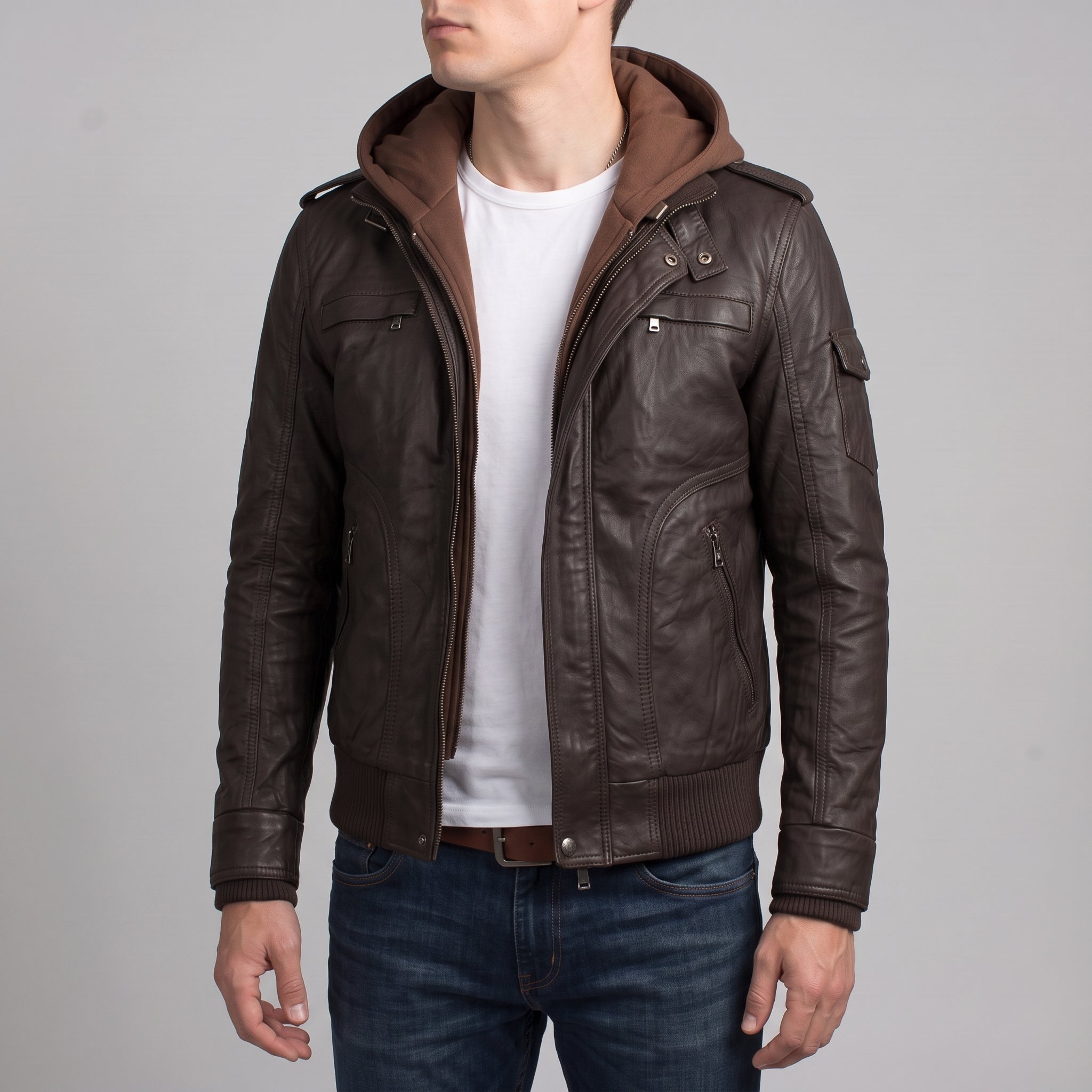 Men's Dark Brown Hooded Leather Bomber Jacket — Tindall