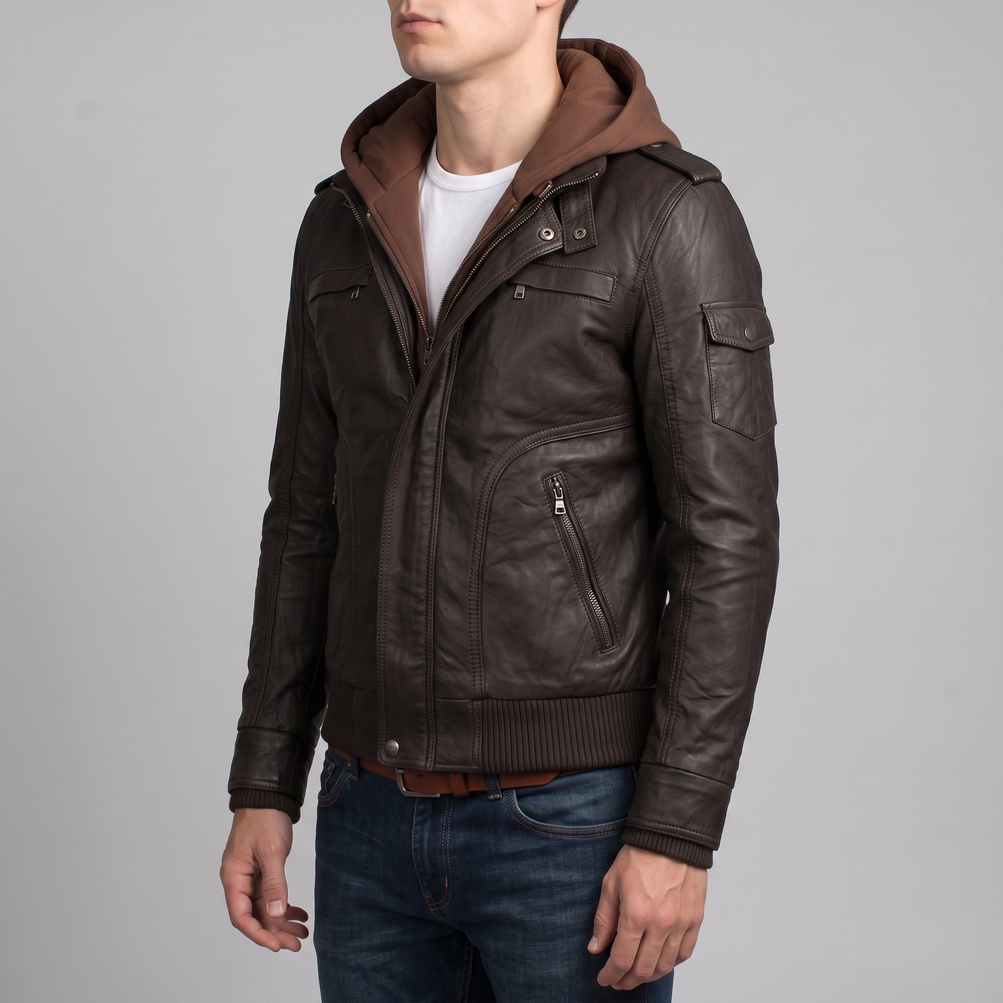 Men's Dark Brown Hooded Leather Bomber Jacket — Tindall