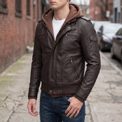 Men's Dark Brown Hooded Leather Bomber Jacket — Tindall