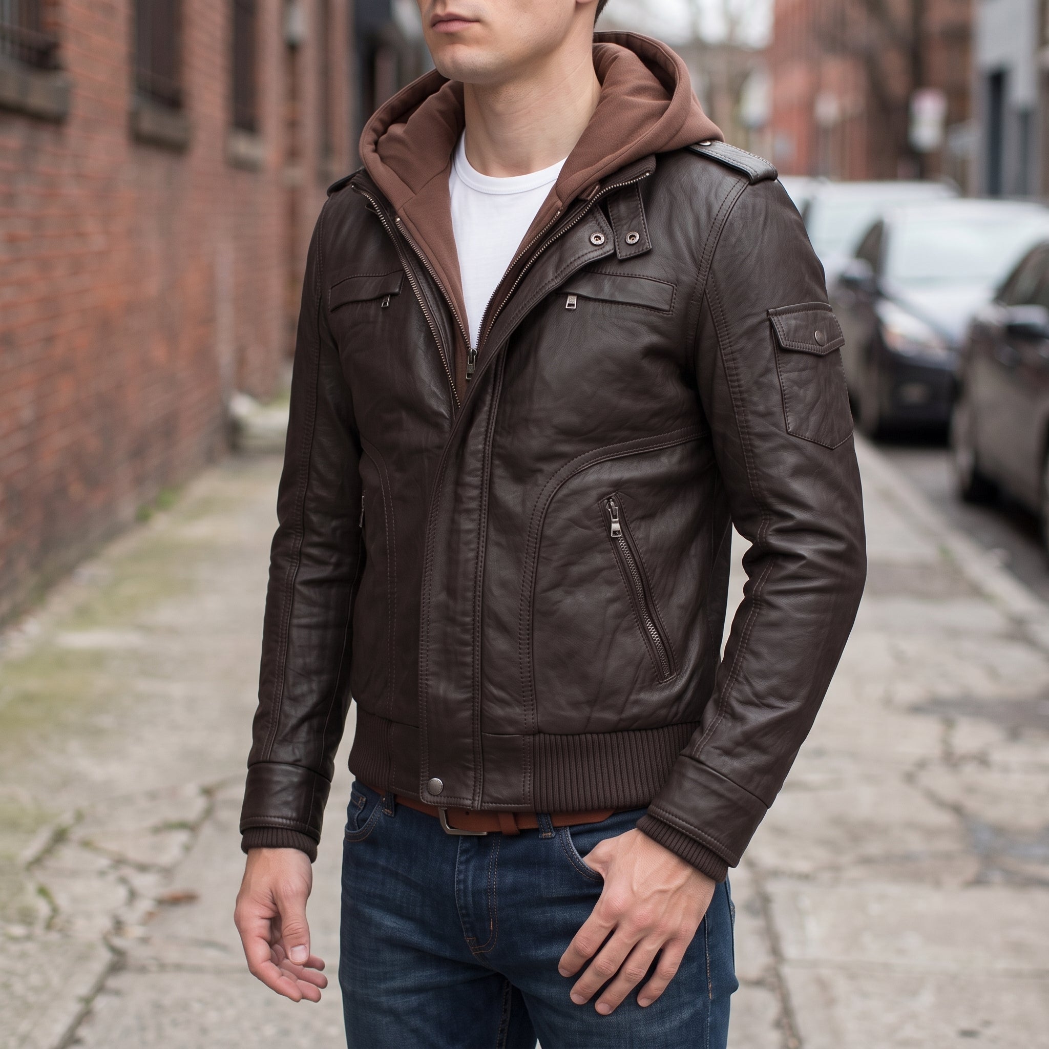 Men's Dark Brown Hooded Leather Bomber Jacket — Tindall