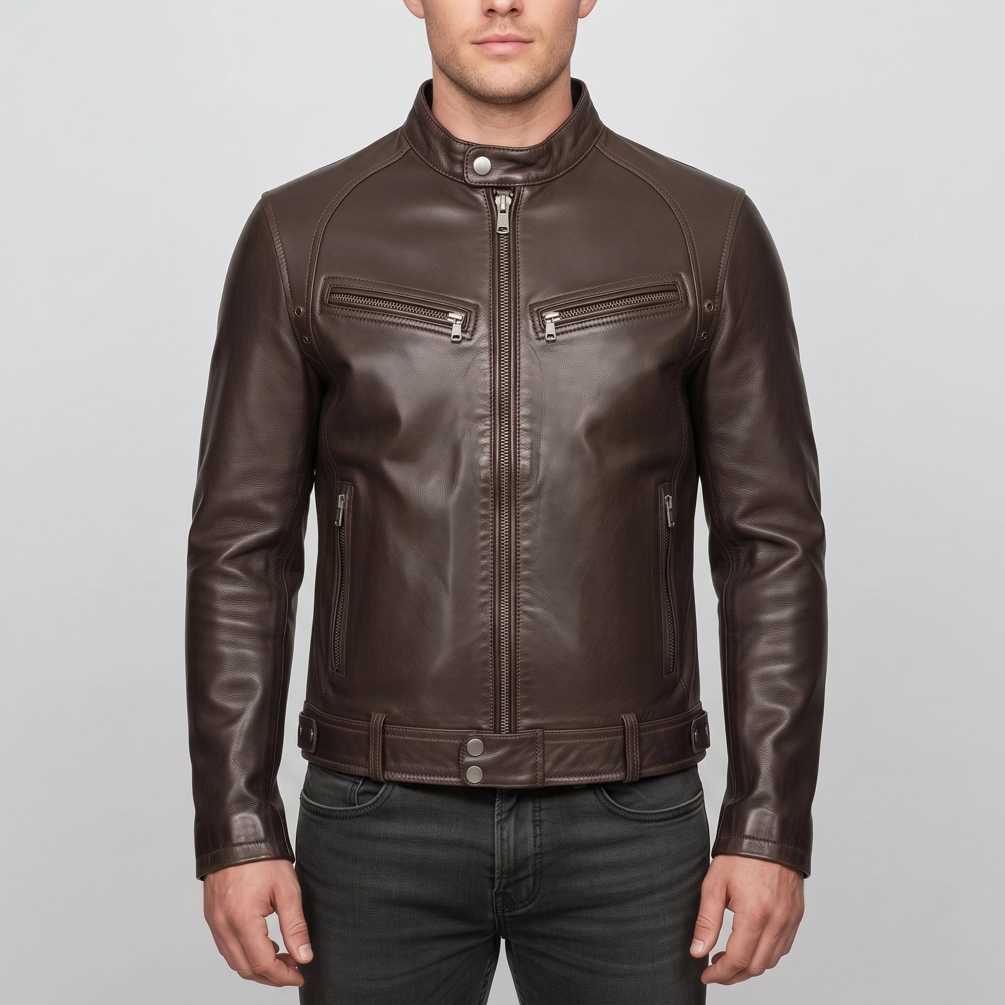 Men's Brown Leather Biker Jacket — Irby
