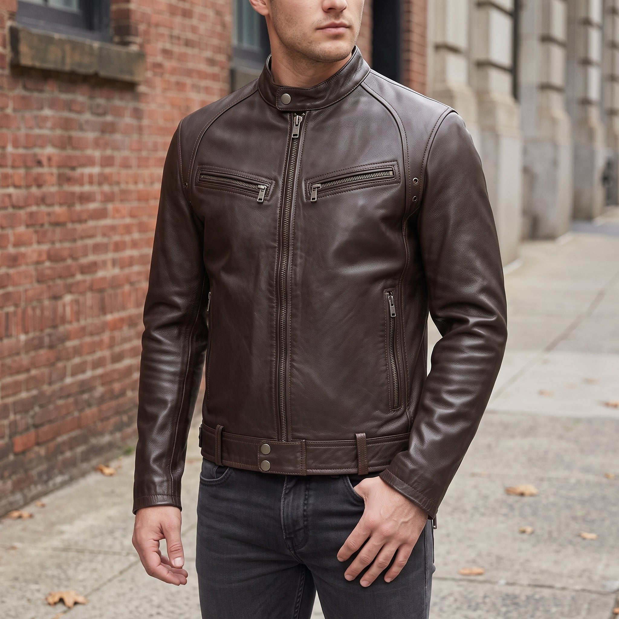 Men's Brown Leather Biker Jacket — Irby