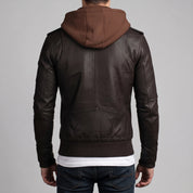 Men's Dark Brown Hooded Leather Bomber Jacket — Tindall