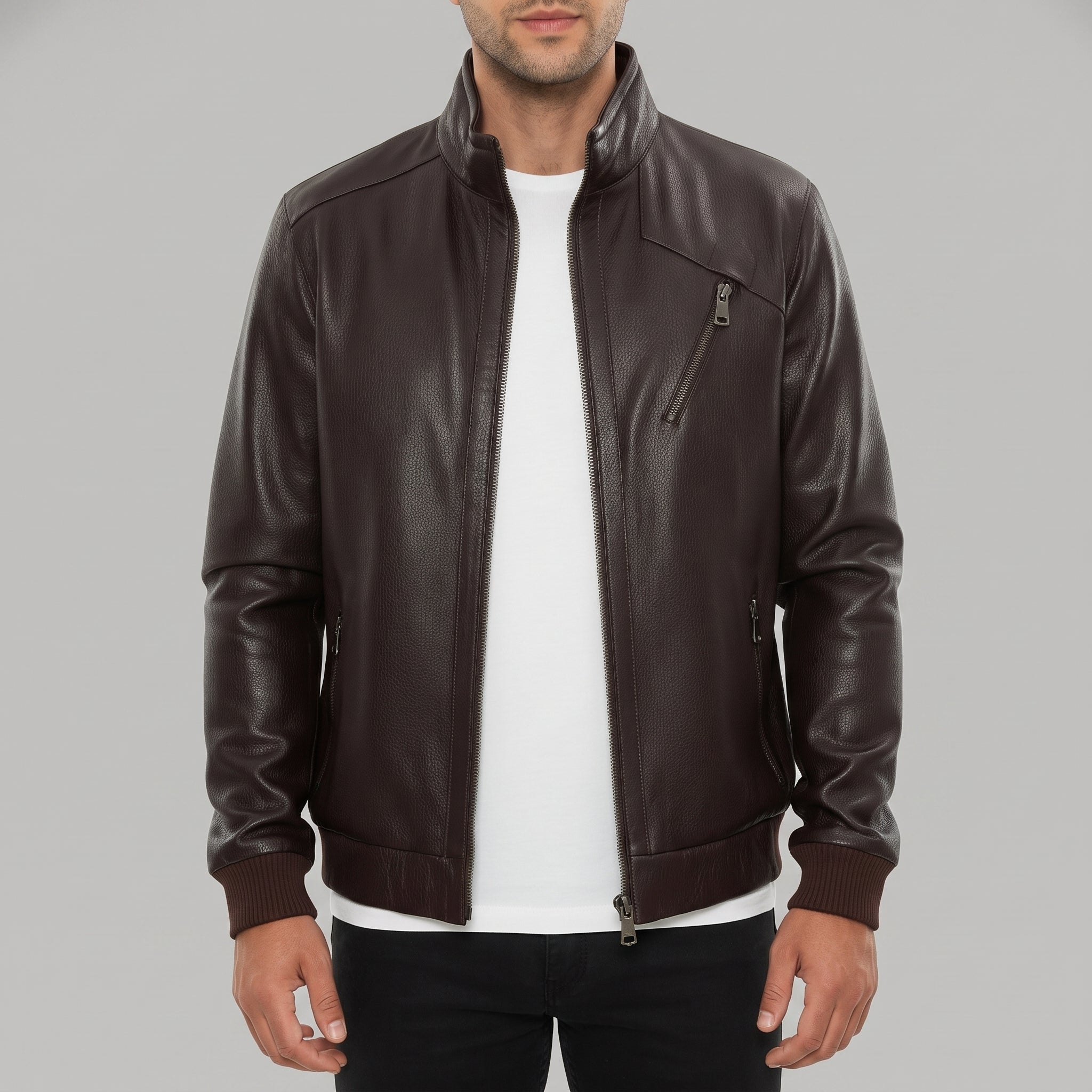 Men's Dark Brown Pebbled Leather Biker Jacket — Forres