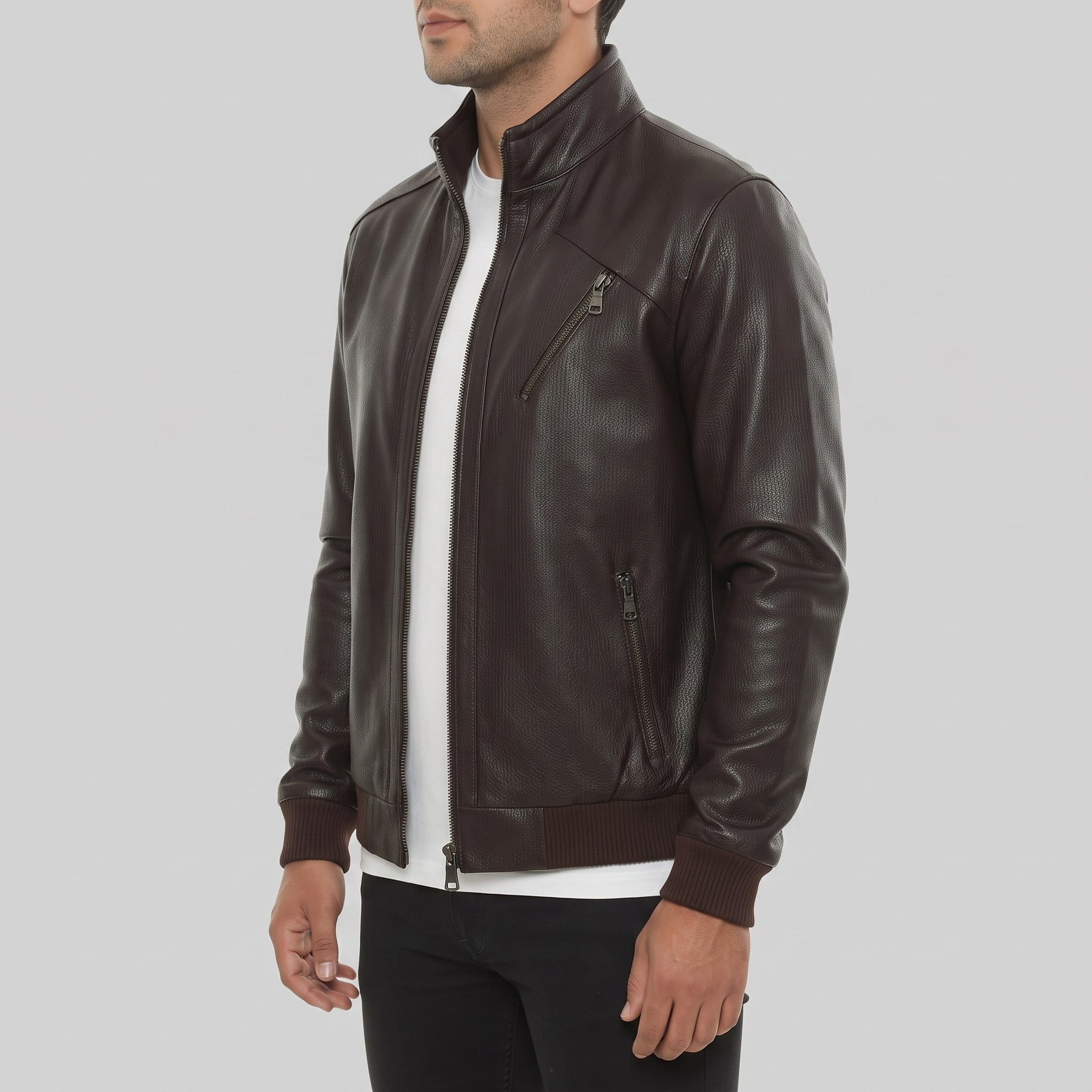 Men's Dark Brown Pebbled Leather Biker Jacket — Forres