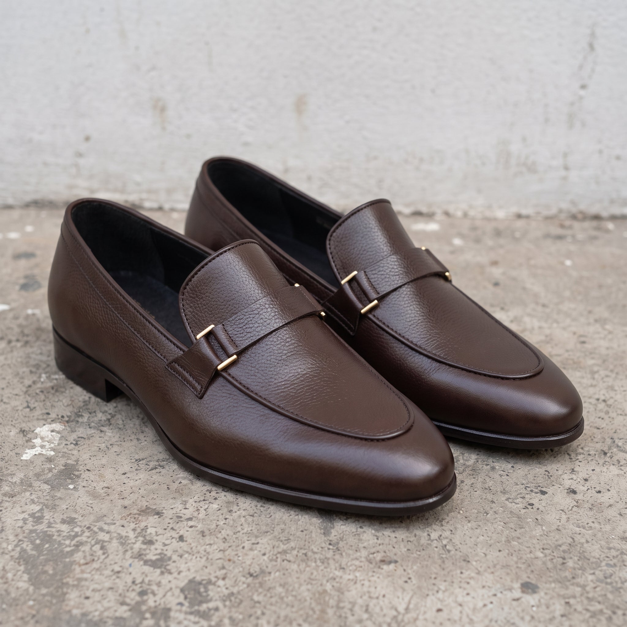 Men's Dark Brown Pebbled Leather Buckle Loafers — Radclyffe