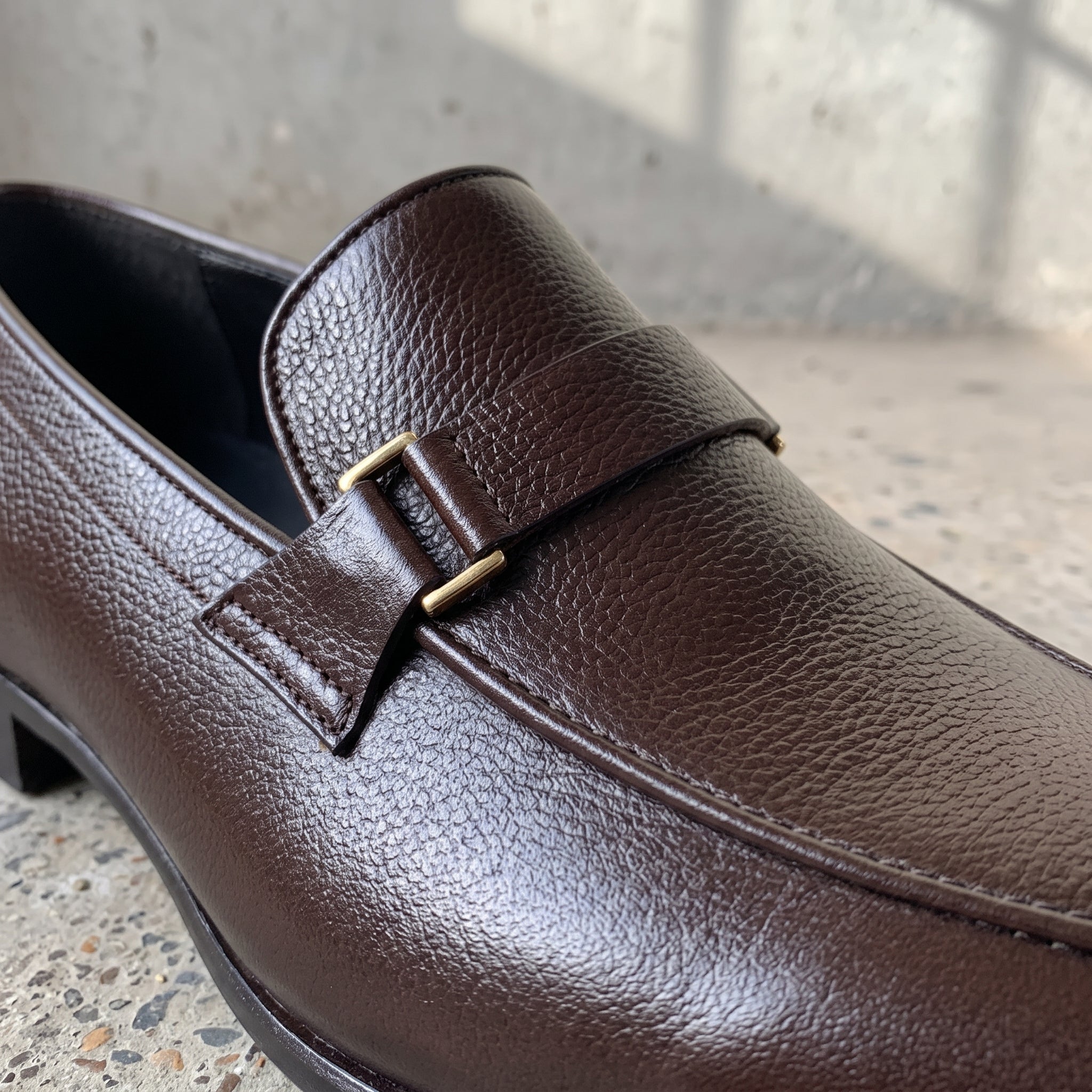 Men's Dark Brown Pebbled Leather Buckle Loafers — Radclyffe