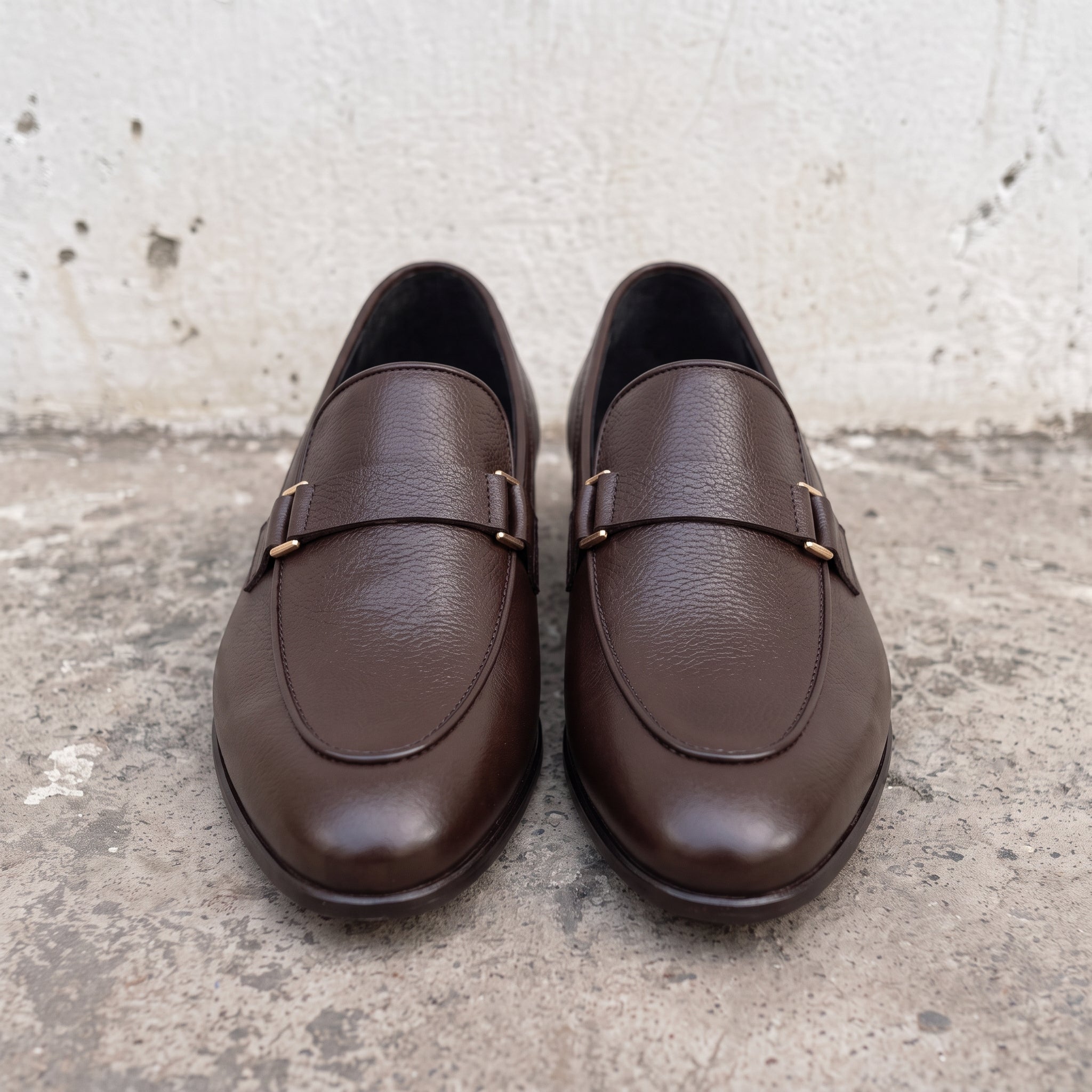 Men's Dark Brown Pebbled Leather Buckle Loafers — Radclyffe