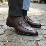 Men's Dark Brown Pebbled Leather Buckle Loafers — Radclyffe