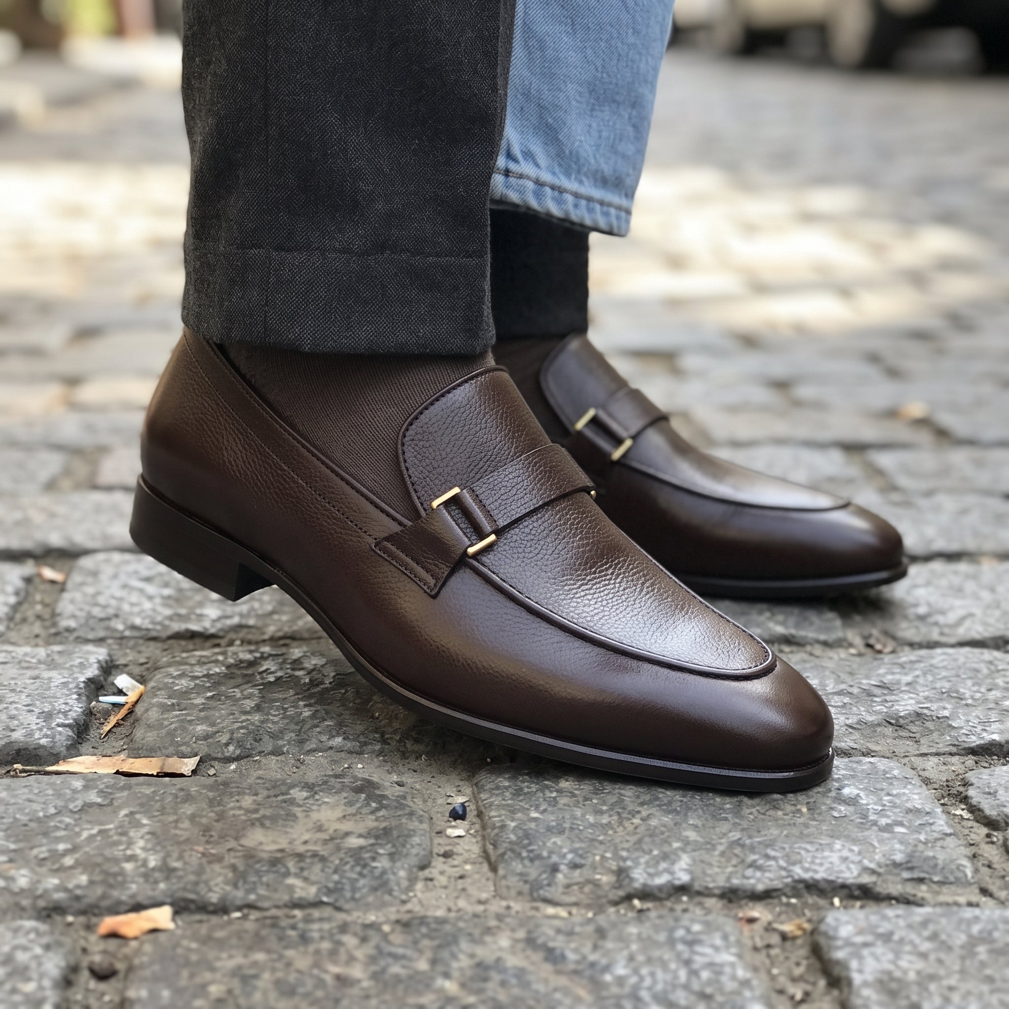 Men's Dark Brown Pebbled Leather Buckle Loafers — Radclyffe